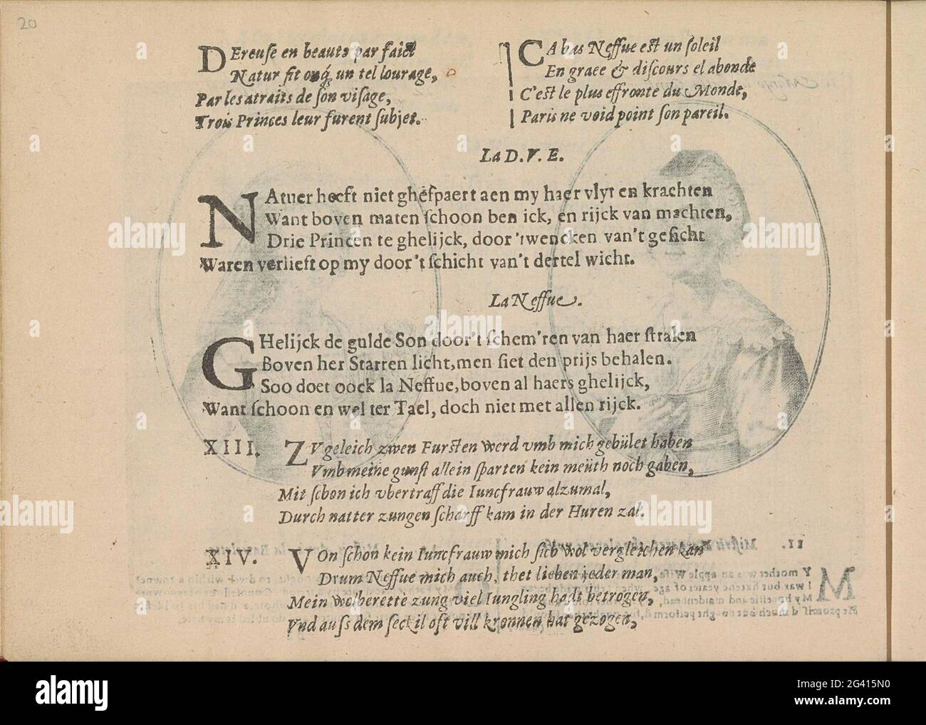 Quatters bei den Porträts der Courtisanes Madame de D.V.e. und Madamoiselle La Neffue; Miroir des Plus Belles Courtisanes die CE Temps. Dreimal zwei Vierzeiler auf Französisch, Niederländisch und Deutsch bei den Porträts der Courtisanes Madame de D.V.e. und Madamoiselle La Neffue. Das Magazin ist Teil eines Albums. Stockfoto