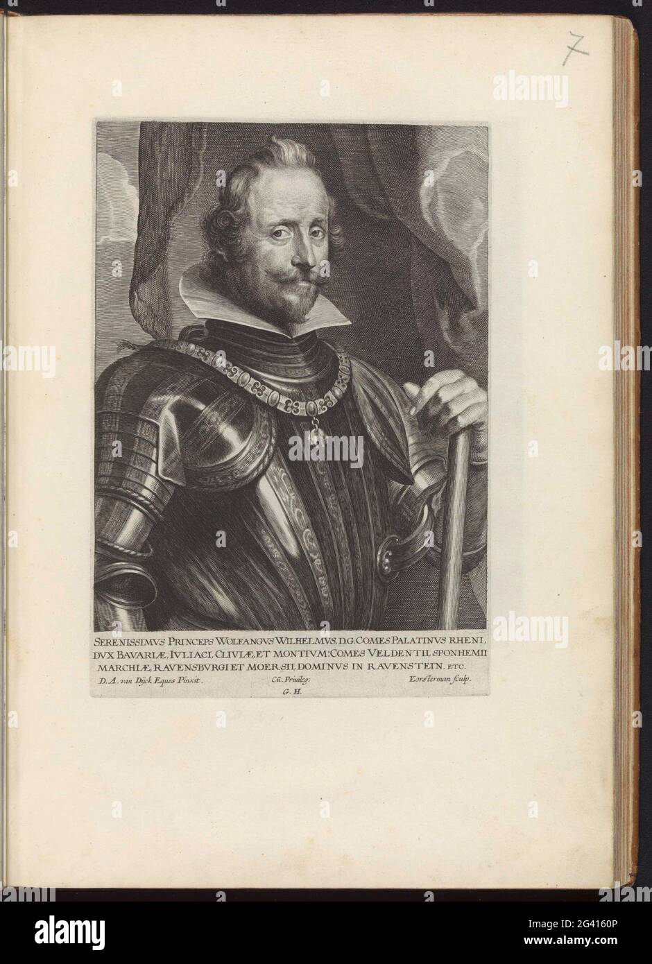 Porträt von Wolfgang Willem van de Palatens-Neuburg; ICONES Principum Vivorum Doctor Bildnis Chalcographorum Statuario NEC Non Amatorum Pictaniae Artis Numero Centum ab Antonio von Dyck Pictory Ad Vivum Expressae Eiusq: Sumptibus Aeri Incisae; Iconographie. Porträt von Wolfgang Willem von der Pfalz-Neuburg, mit dem goldenen Fleece um den Hals. Seine Hand ruht auf einem Befehl. Dieser Druck ist Teil eines Albums. Stockfoto