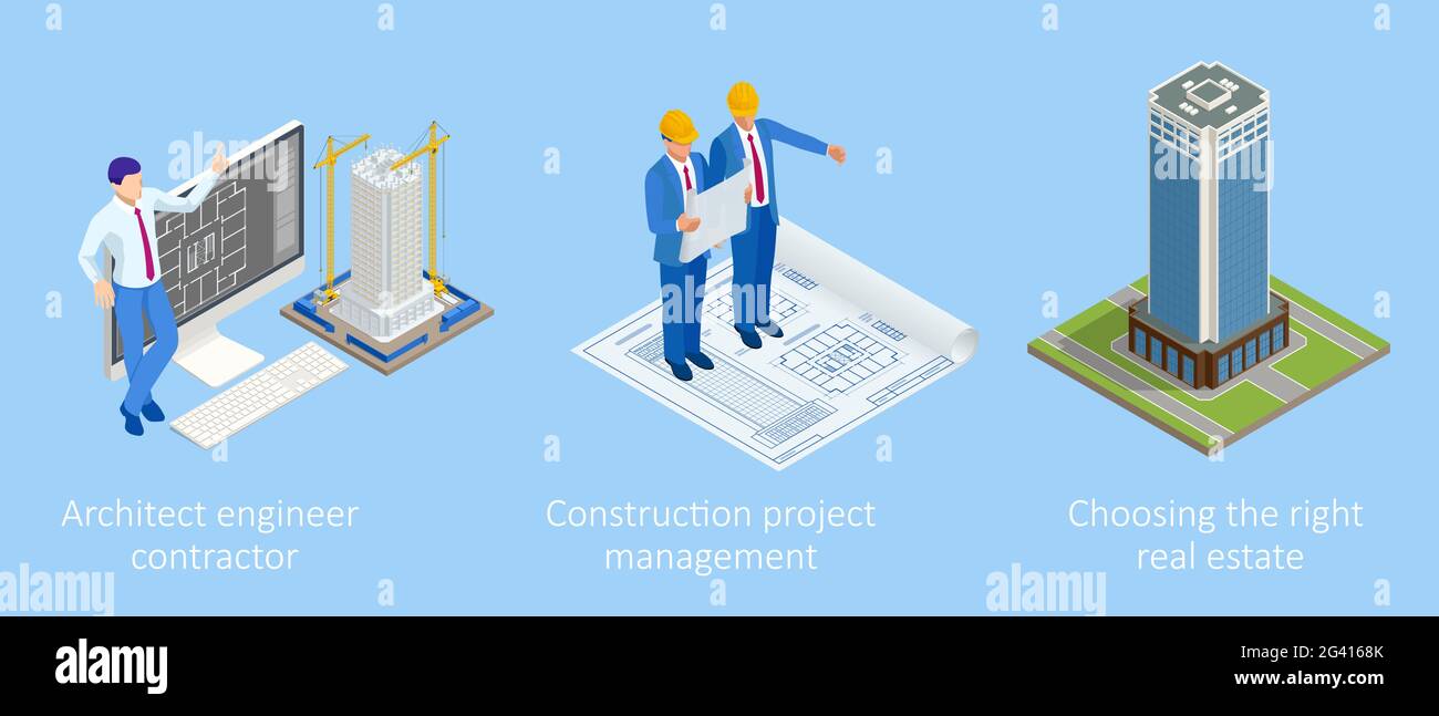 Isometrisches Bauprojektmanagement. Professionelle Auftragnehmer und Ingenieure Zeichen. Investitionen In Gebäude Stock Vektor