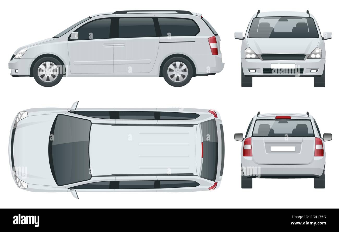 Minivan Car Vektor-Vorlage auf weißem Hintergrund. Kompakter Crossover, SUV, 5-türiger Kleinbus. Ansicht vorne, hinten, seitlich, oben. Stock Vektor