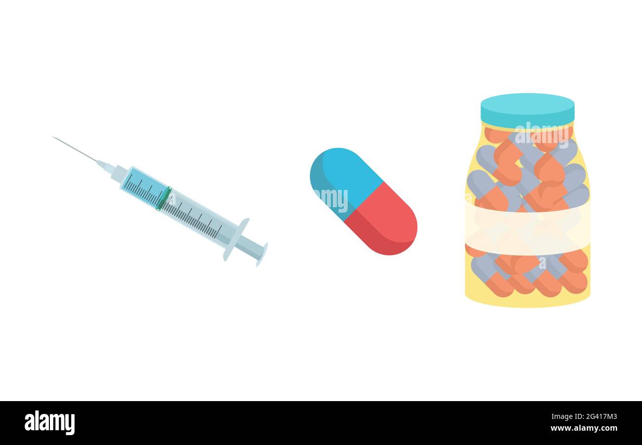 Spritze, medizinische Pillen und pharmakologische Medikamente, Antibiotika-Vektor-Illustration isoliert auf weißem Hintergrund Stockfoto