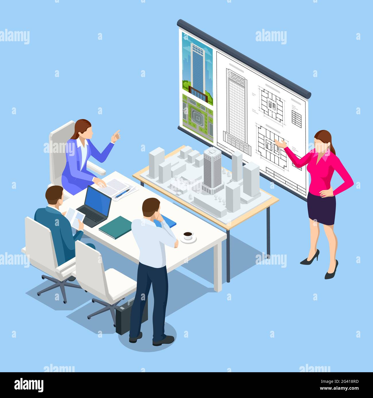 Architekten im Büro mit Blick auf das Bauprojekt Isometrisches Konzept. Professionelle Architekten und Designer arbeiten. Techniker, der an einem Laptop arbeitet Stock Vektor