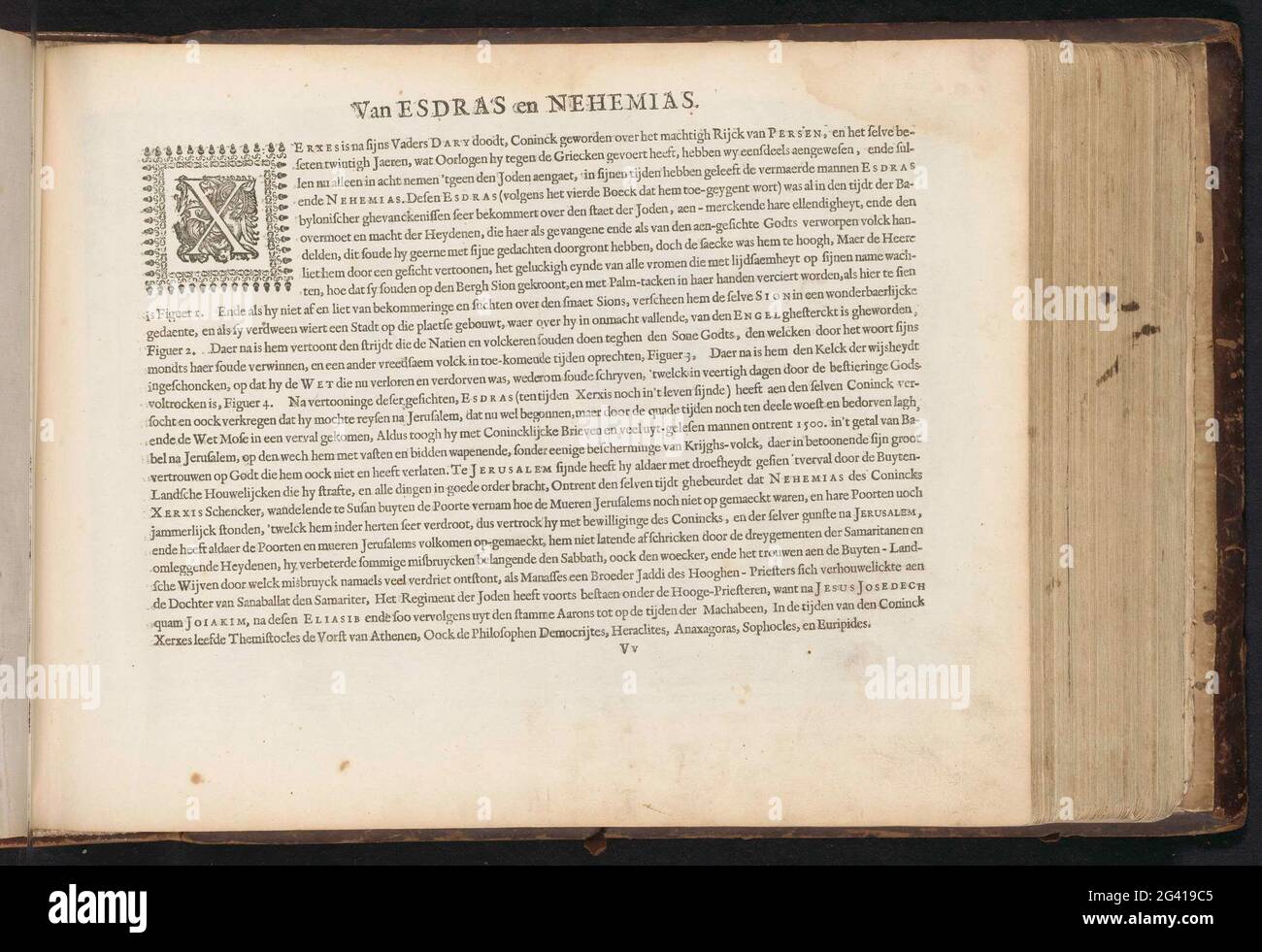 Van esdras und nehemias; Den Grooten Figuer Bibel (...). Textblatt zu einer Reihe von Drucken über die Vision von Ezra. Oben links Initial X. Dieses Magazin ist Teil eines Albums. Stockfoto