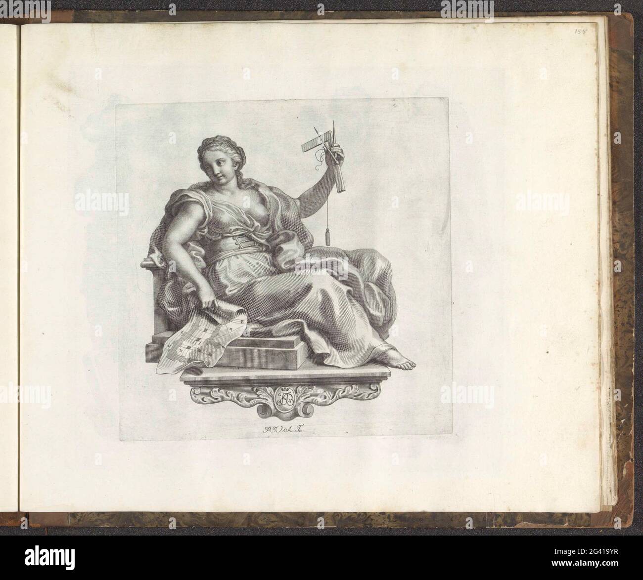 Personifizierung der Architektur; Numismata virorum illustrium ex Barbadica Gente. Eine Konsole mit der Personifizierung der Architektur. Sie hat eine Säule, einen Einkaufskerbel und eine Passantin in ihrer linken Hand. In ihrer rechten Hand eine Zeichnung oder ein Entwurf eines großen Gebäudes. Der Druck ist Teil eines Albums. Stockfoto