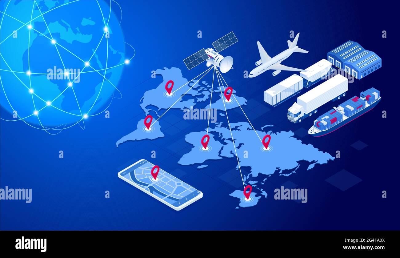 Isometrisches globales Logistiknetzwerkkonzept. Frachtversand. Satellit verfolgt die Bewegung des Güterverkehrs. See- und Luftfracht Stock Vektor