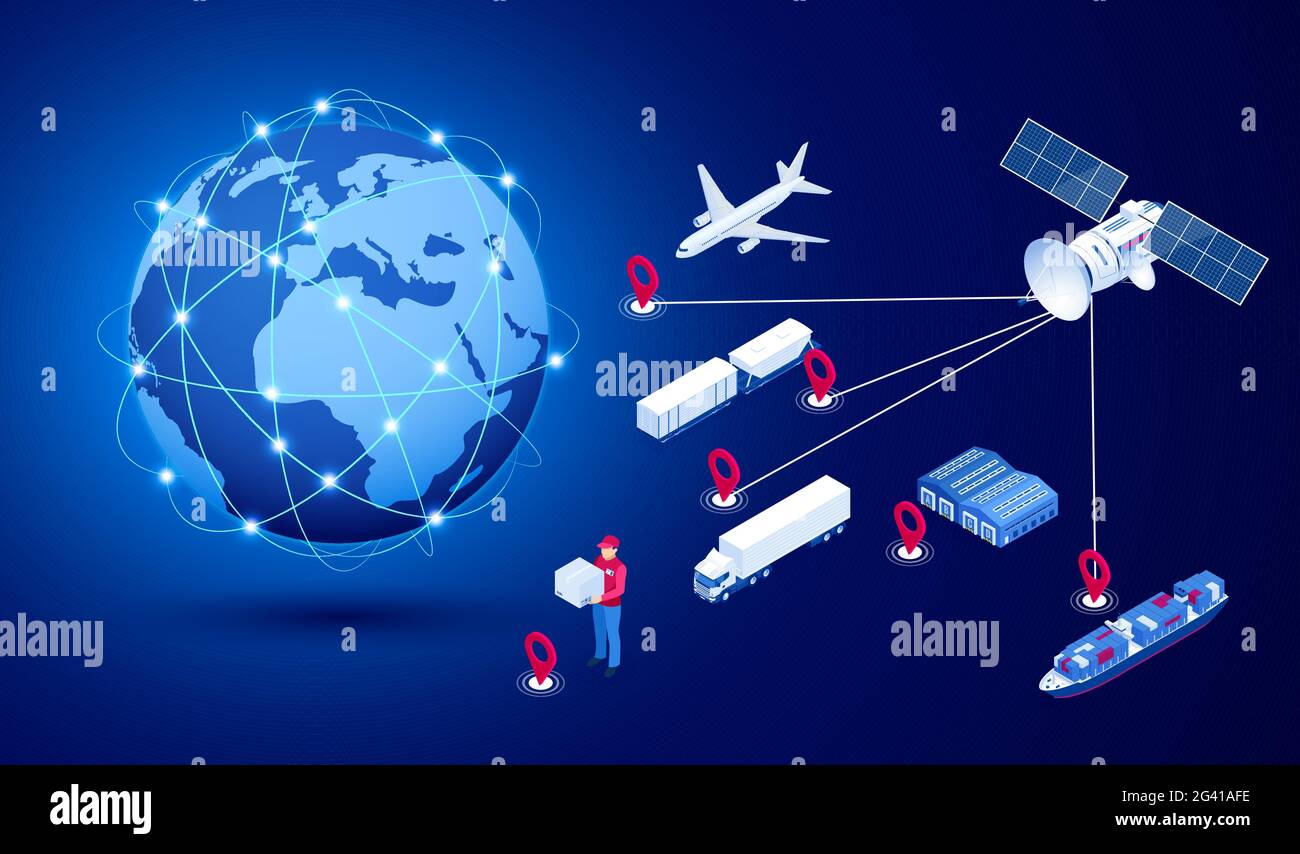 Isometrisches globales Logistiknetzwerkkonzept. Frachtversand. Satellit verfolgt die Bewegung des Güterverkehrs. See- und Luftfracht Stock Vektor