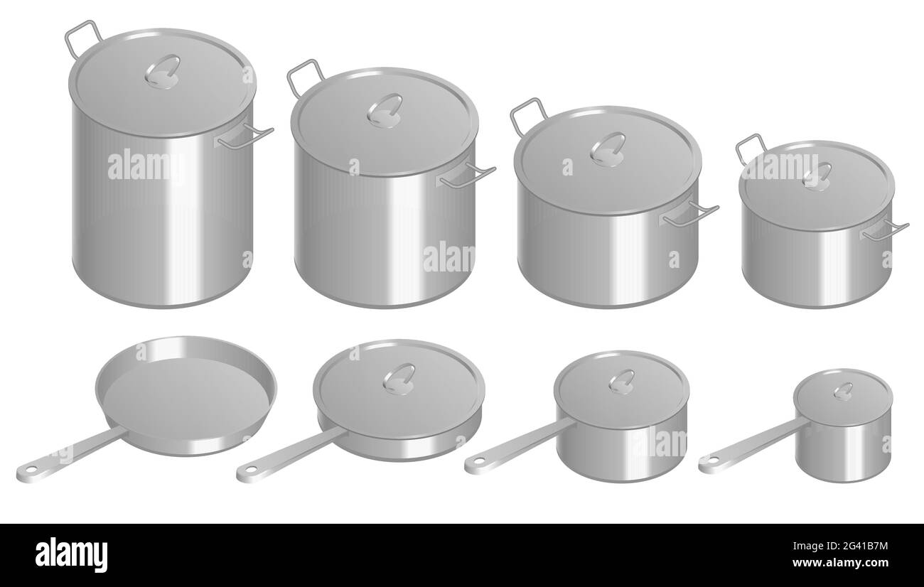 Isometrisches Set aus rostfreien Töpfen und Pfanne mit Glasdeckel. Töpfe und Pfannen aus Edelstahl auf weißem Hintergrund isoliert. Stock Vektor