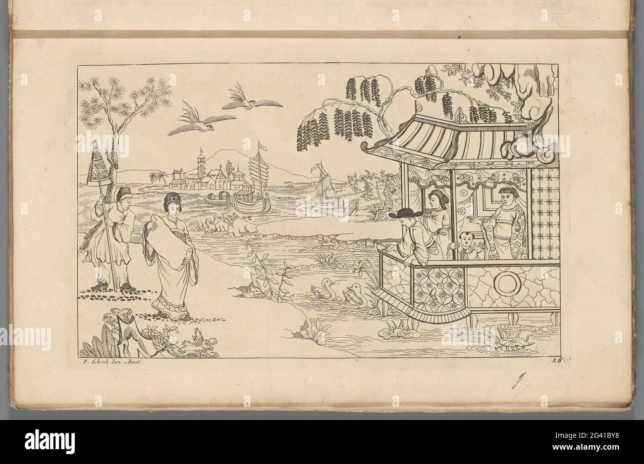 Chinesische Dame mit Papier in der Landschaft; Neue inkonvierte Sinesen mit großem Moeyte kompliziert und darin gegeben, von P. Schenk Jun (...), zweiter Teil. Eine chinesische Dame steht auf der linken Seite mit einem Dokument in einer Landschaft. Hinter ihr ein Diener mit Sonnenschirm. Rechts vier Figuren in einem Gebäude auf Stelzen im Wasser. Im Hintergrund Schiffe. Print ist Teil eines Albums. Stockfoto