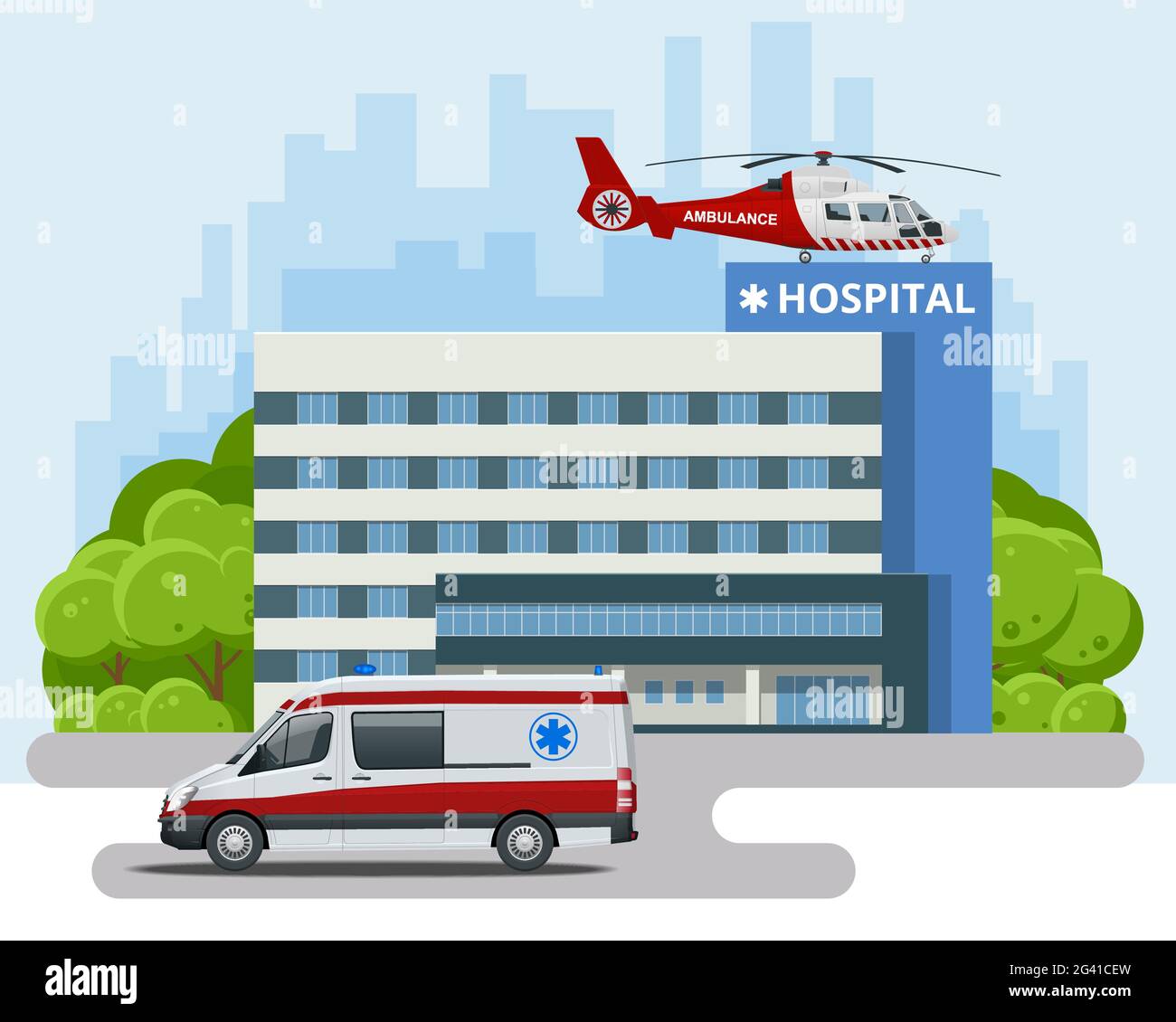 Krankenhausgebäude, Krankenwagen und roter medizinischer Evakuierungshubschrauber. Rettungshubschrauber. Gesundheitswesen, Krankenhaus und medizinische Diagnostik. Stock Vektor