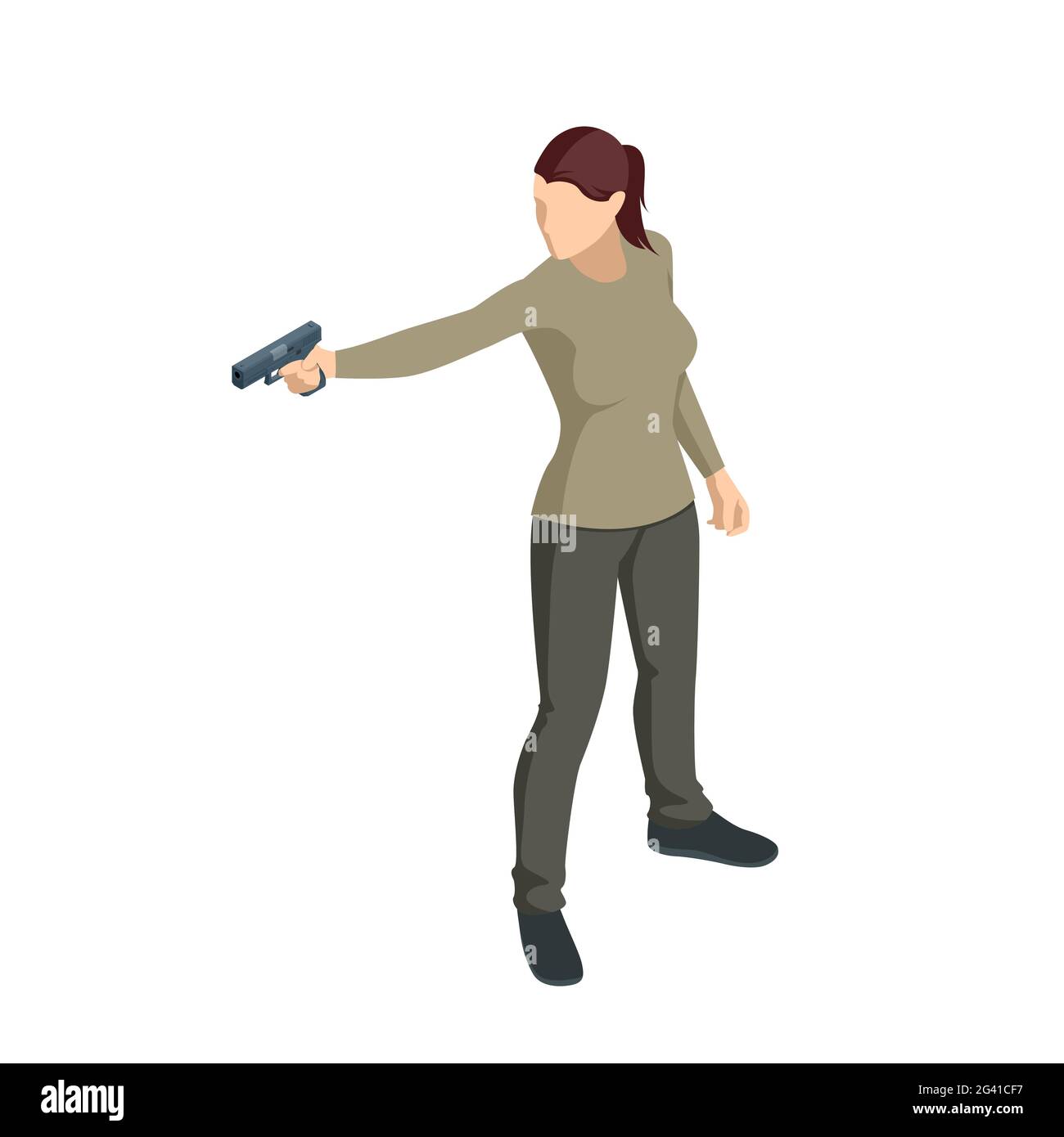 Isometrische Frau mit einem Gewehr in der Hand auf weiß ioliert. Polizist, Spion oder krimineller Besitz. Vorderansicht Stock Vektor