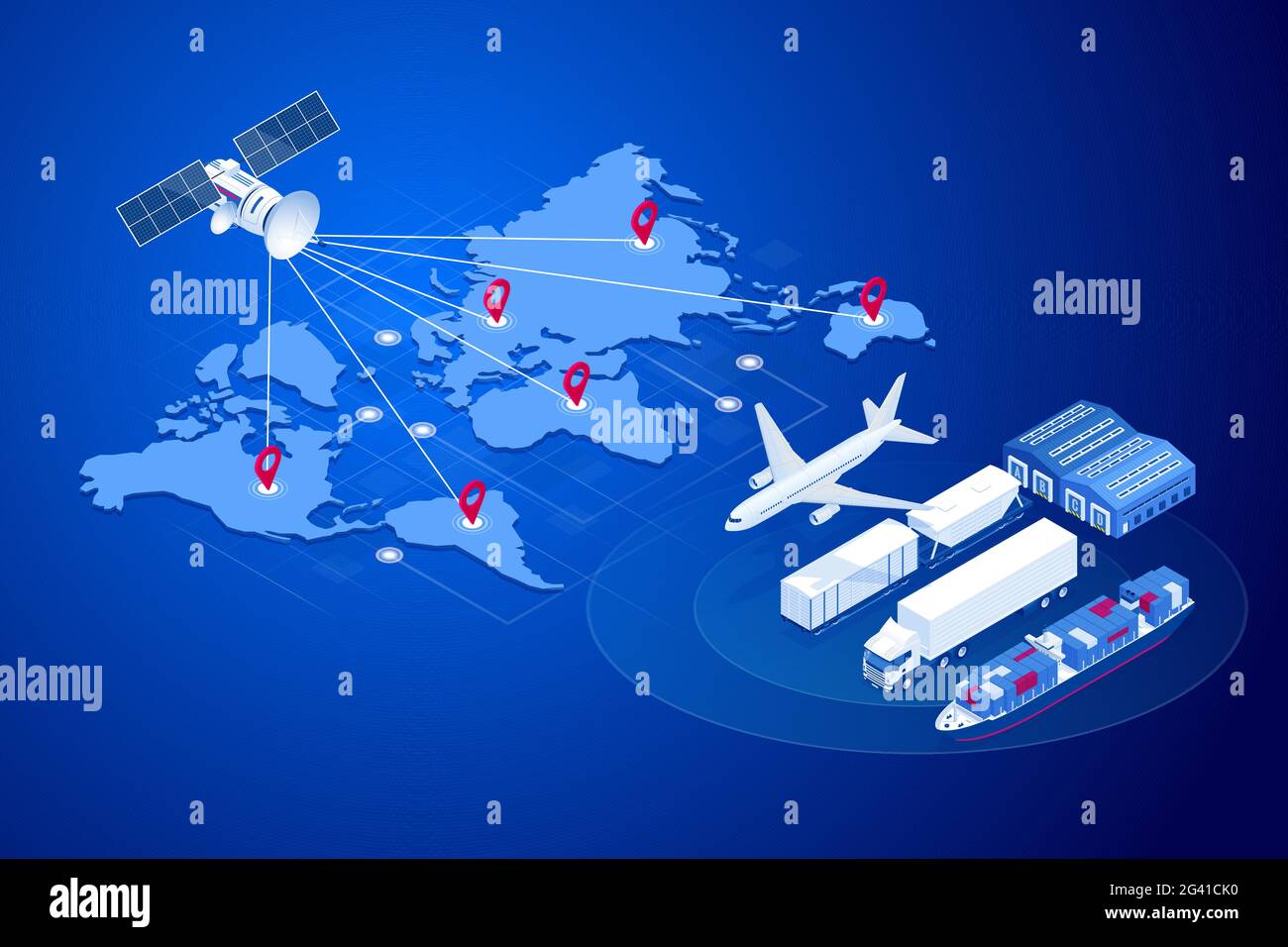 Isometrisches globales Logistiknetzwerkkonzept. Frachtversand. Satellit verfolgt die Bewegung des Güterverkehrs. See- und Luftfracht Stock Vektor