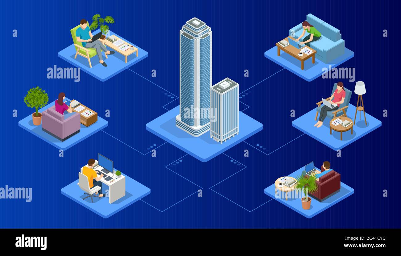 Isometrische Videokonferenz. Arbeiten zu Hause, Coworking Space. Online Meeting Arbeit von zu Hause aus. Heimbüro. Stock Vektor