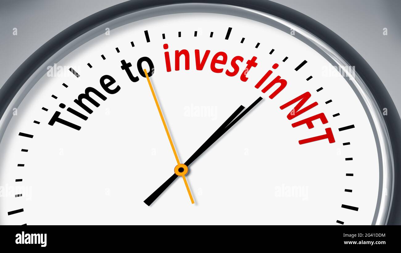 Uhr mit Textzeit, um in NFT zu investieren Stockfoto
