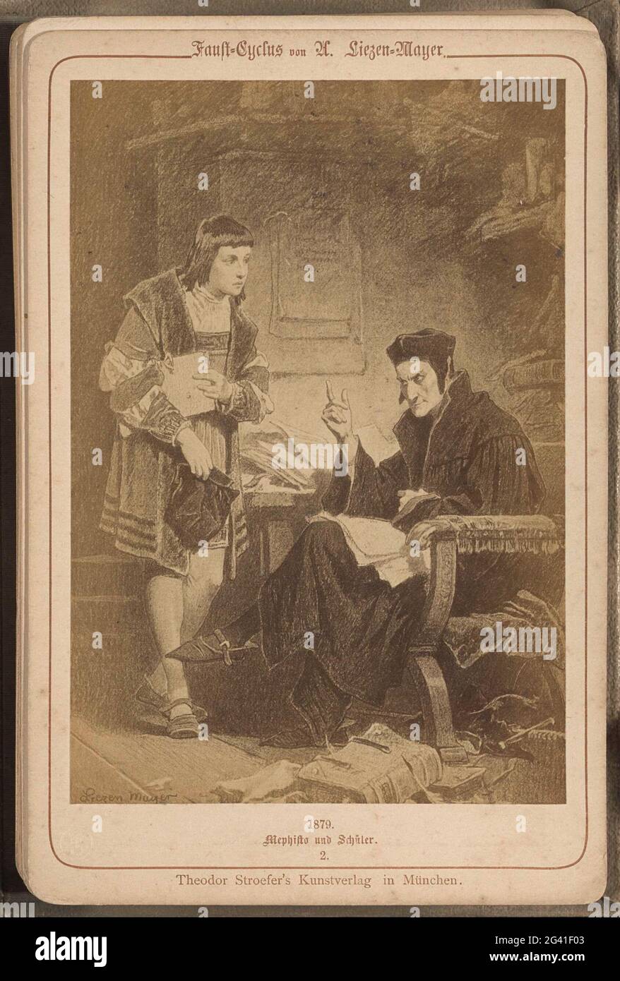 Fotoproduktion von (vermutlich) einer Zeichnung mit dem Titel 'Mephisto und Student'; Mephisto und Schüler. Teil des Albums mit 30 Fotoproduktion von Zeichnungen der faust-Geschichte von J.W. Von Goethe. Stockfoto