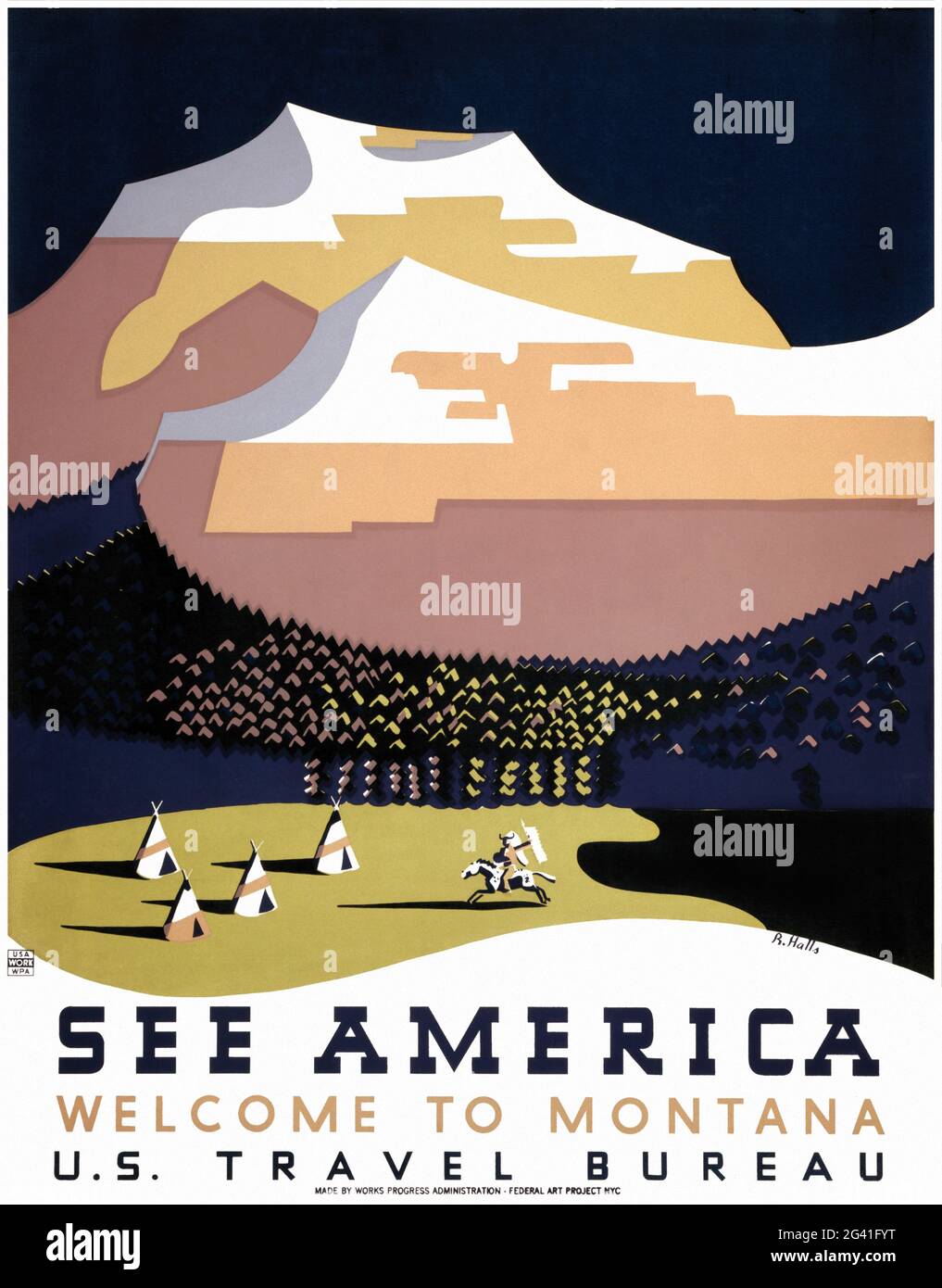 Siehe Amerika. Willkommen in Montana von Richard Halls (1906-1976). Restauriertes Vintage-Poster, das zwischen 1936 und 1938 in den USA veröffentlicht wurde. Stockfoto