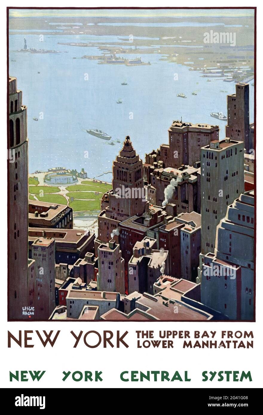 New York. Die Upper Bay von Lower Manhattan. New York Central System von Leslie Darrel Ragan (1897-1972). Restauriertes Vintage-Poster, das 1935 in den USA veröffentlicht wurde. Stockfoto