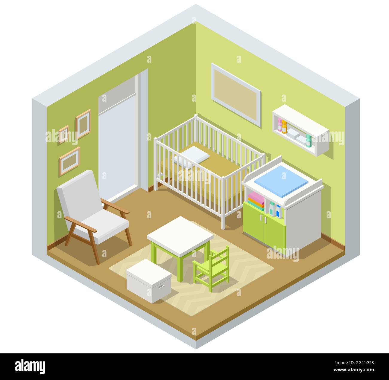 Isometrisches Kinderzimmer mit modernen Möbeln. Die Idee zur  Inneneinrichtung. Kinderzimmer für ein neugeborenes Baby Stock-Vektorgrafik  - Alamy