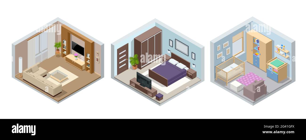 Isometrische große Luxus moderne helle Innenräume Wohnzimmer, Kinderzimmer, Schlafzimmer. Moderne Innenausstattung eines echten Hauses, isoliert auf Weiß Stock Vektor