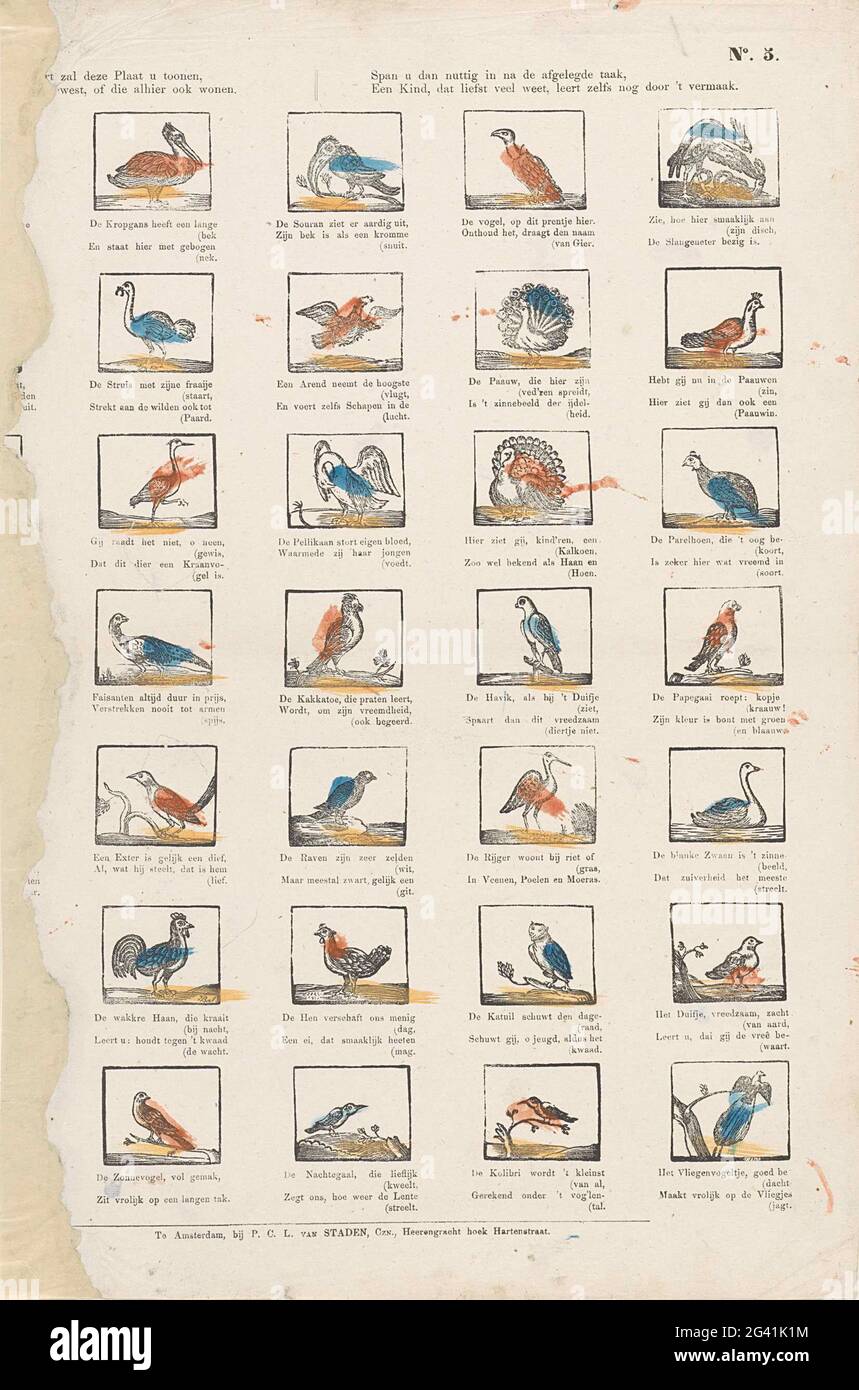 Poultops in Arten wird diese Platte zu Ihnen zeigen, / aus fremden Regionen, oder die auch leben. / Spannung sie nützlich, nachdem d'Task gereist. / EIN Kind, das viel weiß, lernt sogar durch die Unterhaltung. Blatt mit 28 (von den 35) Darstellungen von Vögeln, wie Strauß, Truthahn und Falke. Ein Stück auf der linken Seite ausgeschaltet. Unter jeder Aufführung ein Vers. Oben rechts nummeriert: Nr. 3 .. Stockfoto