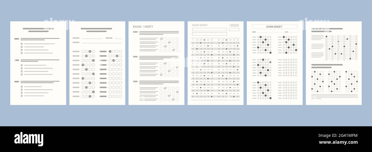 Flach verschiedene Versionen von Tests auf Papier. Schule und Bildung. Bewertungsbogen mit Antworten testen Stock Vektor