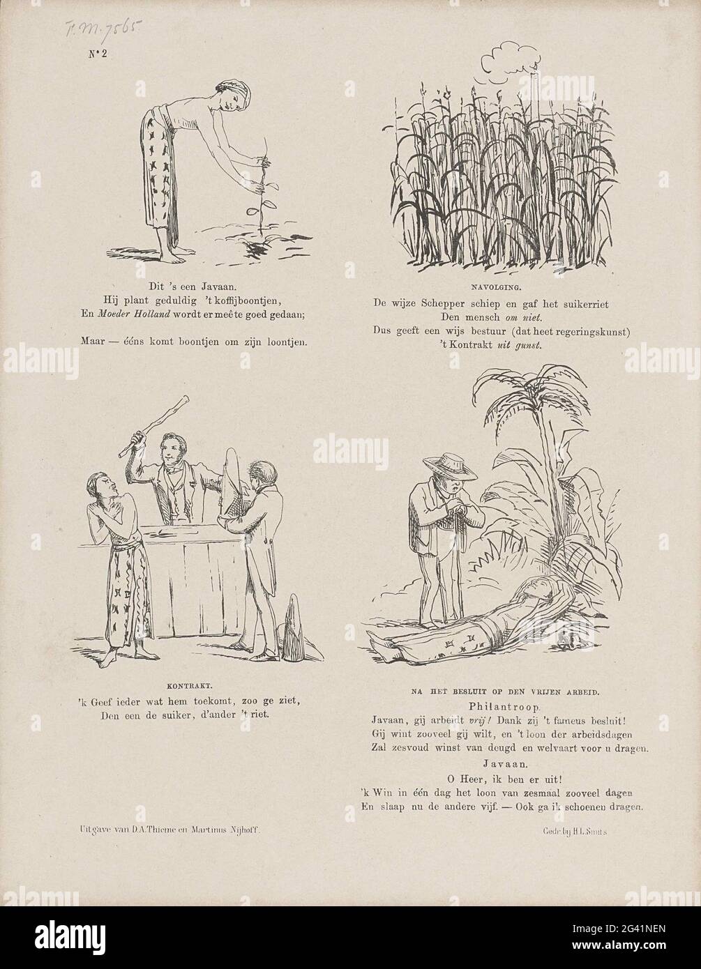 Karikatur zu den Kulturverträgen in Ostindien, 1861. Karikatur zu kulturellen Verträgen und freier Arbeit auf Java. Vier Darstellungen des Pflanzens einer Kaffeepflanze, eines Zuckerrohrs und einer Zuckerfabrik, von der Auszahlung und Bestrafung und eines ruhenden Javaans. Teller erschien auf dem Weekblad De Nederlandsche Spectator, nein 2, 12. Januar 1861. Stockfoto