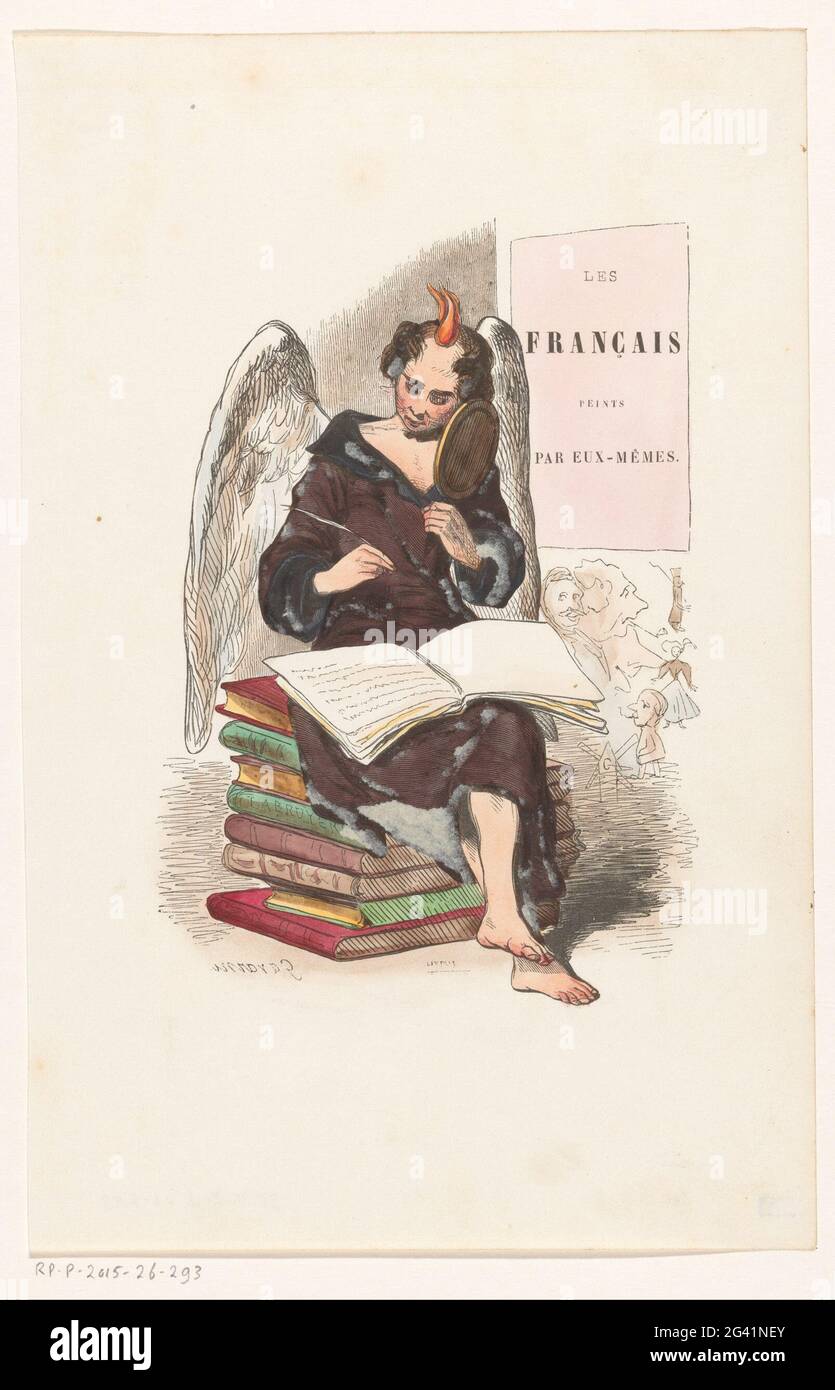 Inspiration; Titelseite für: Les Français Peints Par eux-mêmes, 1841. Eine allegorische Figur, mit einer Flamme auf dem Kopf als Zeichen der Inspiration und Flügeln auf dem Rücken, sitzend auf einem Stapel von Büchern. Mit der rechten Hand schreibt er in einem offenen Buch auf seinen Schoß, mit der linken Hand hält er einen Spiegel. Stockfoto
