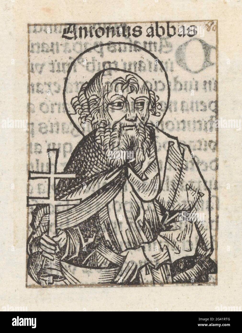 Antonius Abt; Antonius Abbas; Liber chronicarum. Ein Blütenkelch mit einem heiligen. Er hat einen Einsiedlerstab in seinen Händen. Der Text identifiziert ihn als Antonius ABT. Der Druck ist Teil eines Albums. Stockfoto