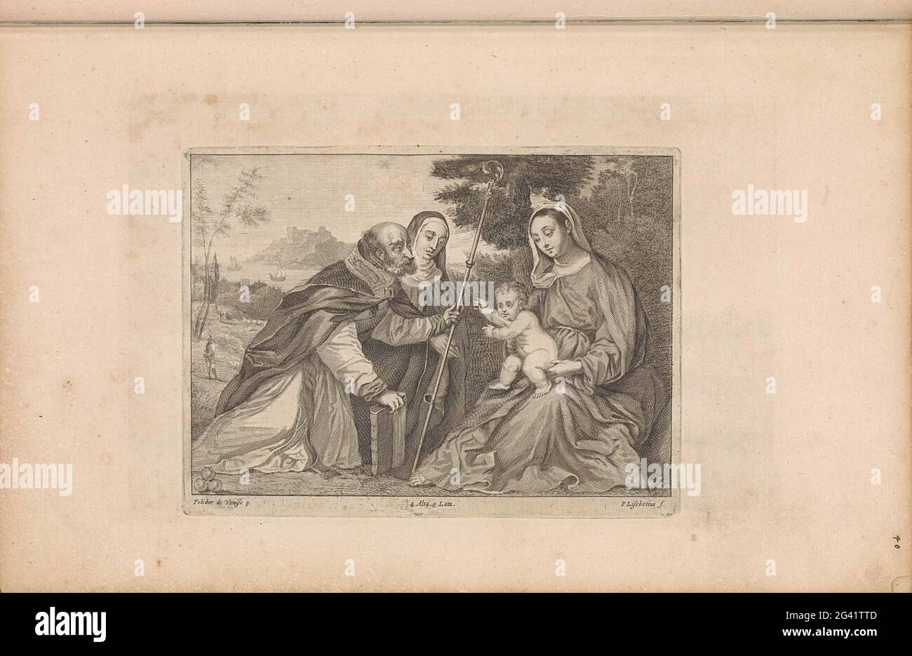 H. Nicolaas Van Myra kniet für Maria und das Christuskind. In seinen Händen ein Buch und das Personal des Bischofs. Neben ihm kniet ein nicht, möglicherweise eine weibliche heilige. Drei goldene Kugeln vorne. Eine Landschaft im Hintergrund. Dieser Druck ist Teil eines Albums. Stockfoto