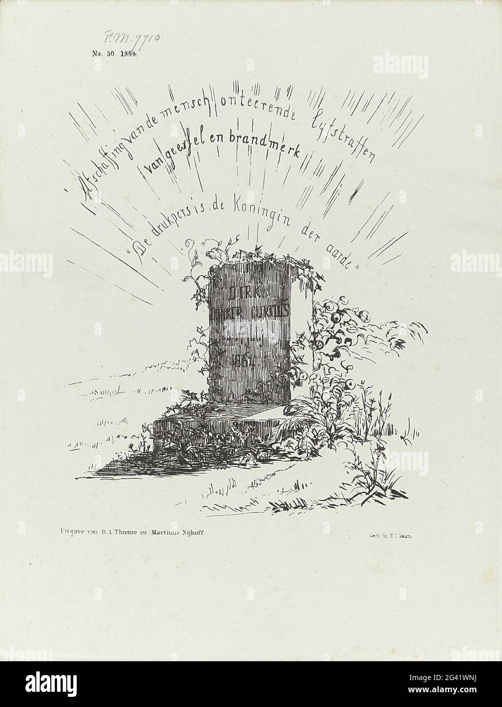 Gedenksäule für Herrn D. Donker Curtius, 1864. Gedenksäule für Herrn Dirk Donker Curtius, gestorben am 17. Juli 1864. Über den Angelegenheiten des Steins, für die er begann: Abschaffung der körperlichen Bestrafung und Freiheit der Druckpresse. Teller erschien auf dem Weekblad De Nederlandsche Spectator, nein 30, 23. Juli 1864. Stockfoto