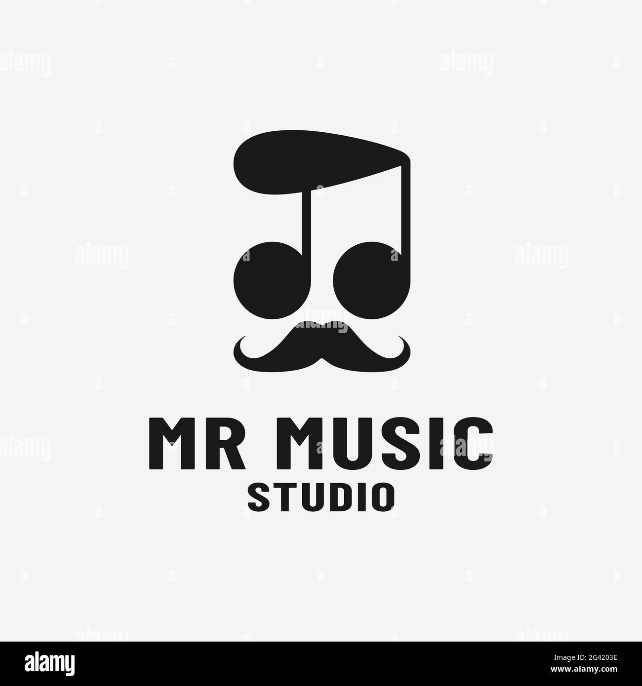 Design-Vorlage für Musiknoten und Schnurrbart für MR-Musiklogo. Dieses Logo stellt Musiknoten wie Haare und einen Mann mit Sonnenbrille dar Stock Vektor