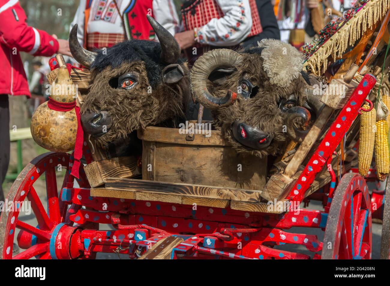 Mummers führen Rituale durch, um böse Geister zu scheuern Menschen mit den Masken werden in Pernik, Bulgarien, Kuker oder Kukeri genannt Stockfoto