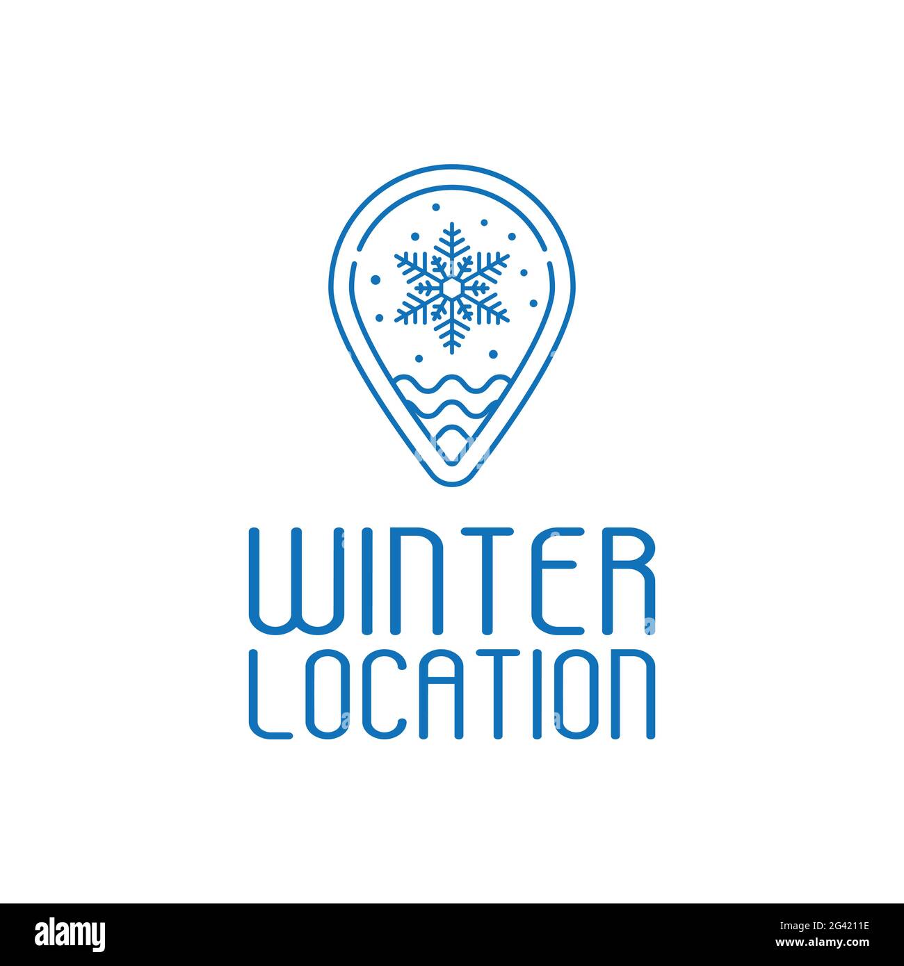 Winter Snow Location Pin in Simple Line Style Logo Design Template. Ein Pin mit Schneeflocke kann den Winter, einen Ort mit kaltem Wetter und eine verschneite Tour bedeuten Stock Vektor