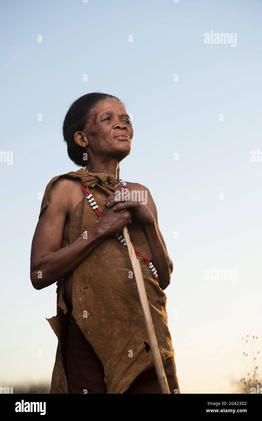 Porträts von Menschen aus dem Stamm der Buschmänner Naro. Botswana ist die Heimat von etwa 63,500 San, was etwa 2.8 % der Bevölkerung des Landes ausmacht und damit das Land mit der höchsten Bevölkerung von San ist. Die San-Völker (auch Saan) oder Buschmänner sind Mitglieder verschiedener Khoe-, Tuu- oder Kxʼa-sprechender indigener Jäger- und Sammlergruppen, die die ersten Nationen des südlichen Afrikas sind. Botswana. Stockfoto