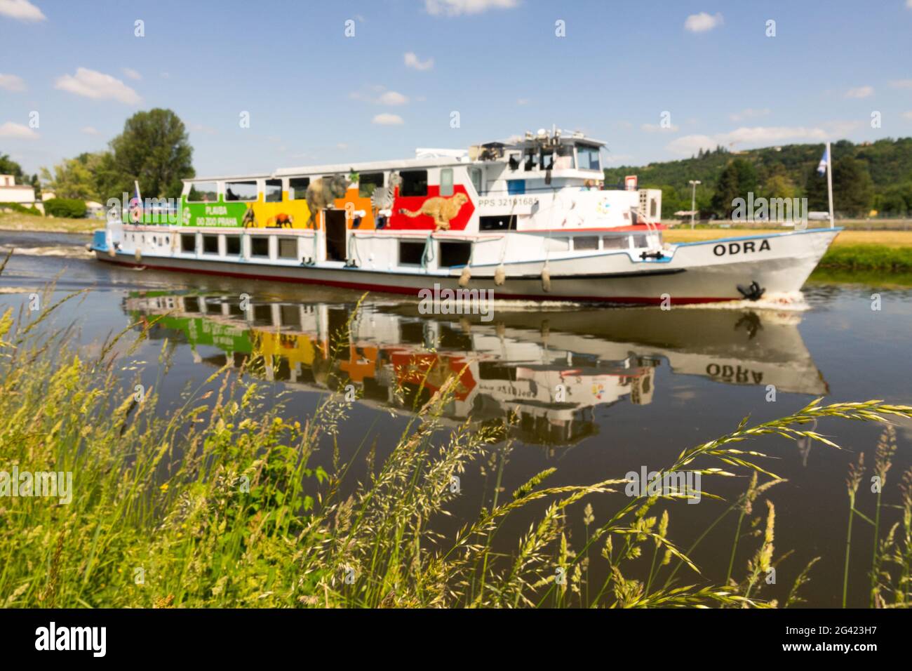 Passagiere ein Kreuzschiff, das Besucher des Zoos Prag Tschechien befördert Stockfoto