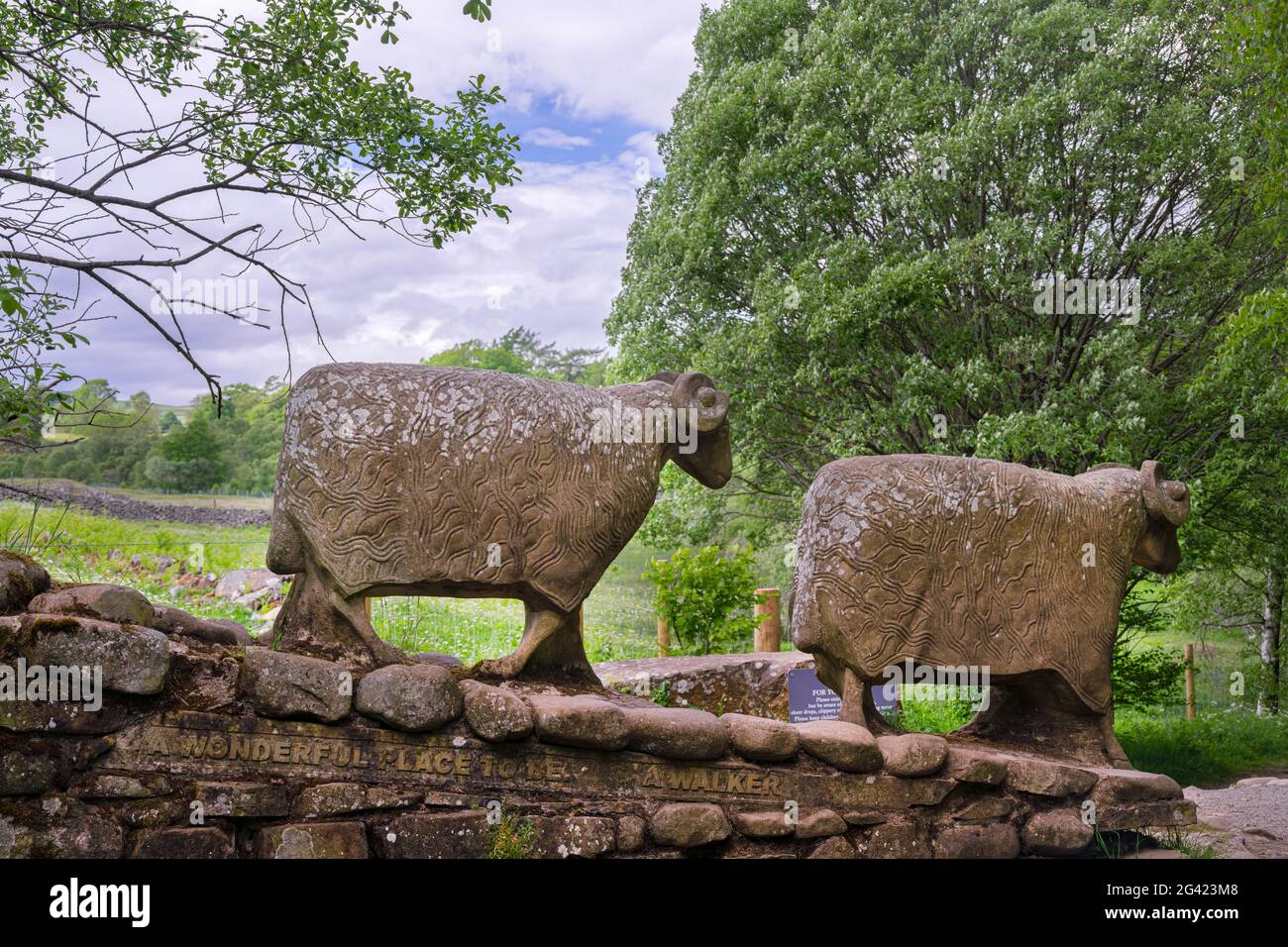 BOWLEES, ENGLAND - 9. JUNI 2021: Sheep, eine Kalksteinstatue von zwei Schafen, die in Upper Teesdale, County Durham, England, spazieren gehen Stockfoto