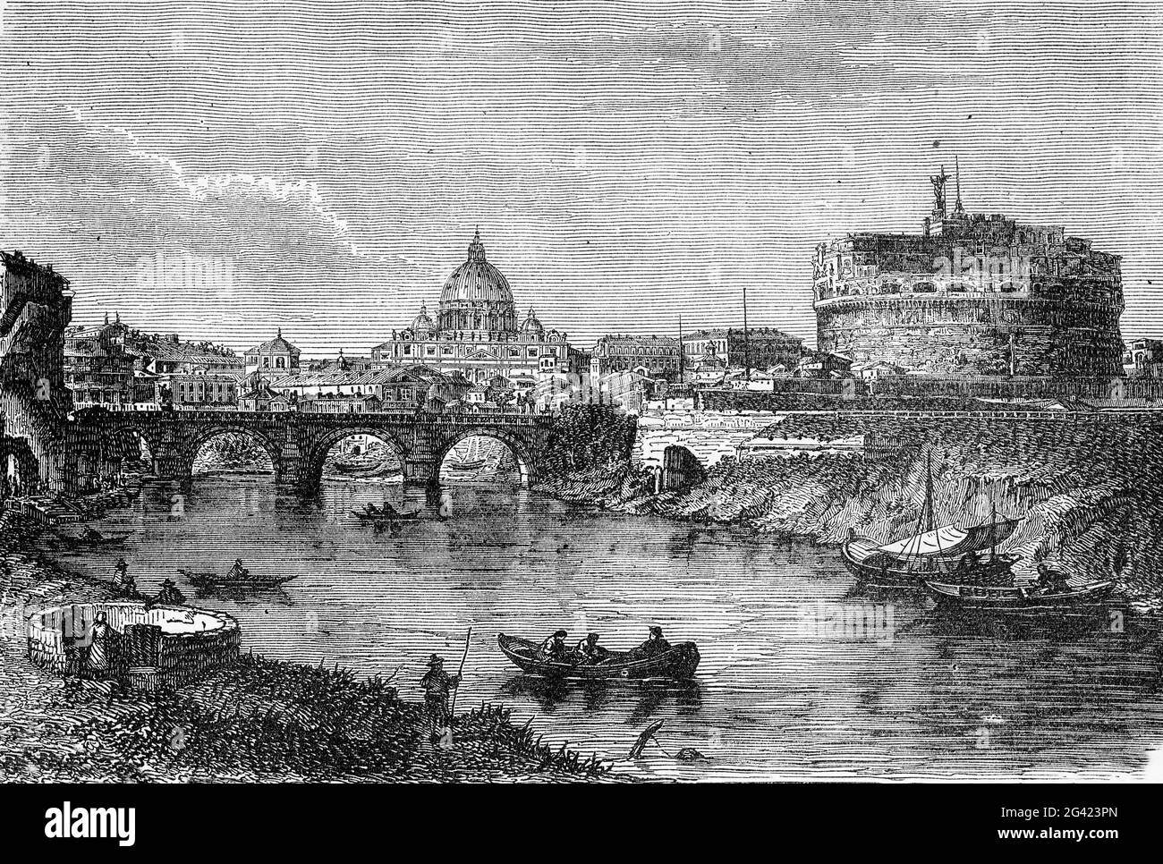 Gravur der Stadt Rom, mit der Engelsburg und dem Petersdom in der Ferne Stockfoto