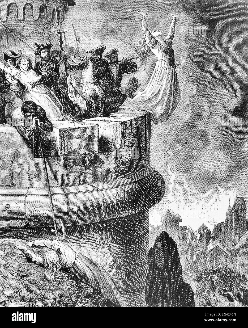 Gravur des Massakers von Mérindol von 1545, als Franz I. von Frankreich die Waldenser des Dorfes Mérindol für regimekritische religiöse Aktivitäten bestrafte. Provençal und päpstliche Soldaten töteten Hunderte oder sogar Tausende Waldenserbewohner. Dieses Bild von Gustave Dore, 1830er Jahre Stockfoto