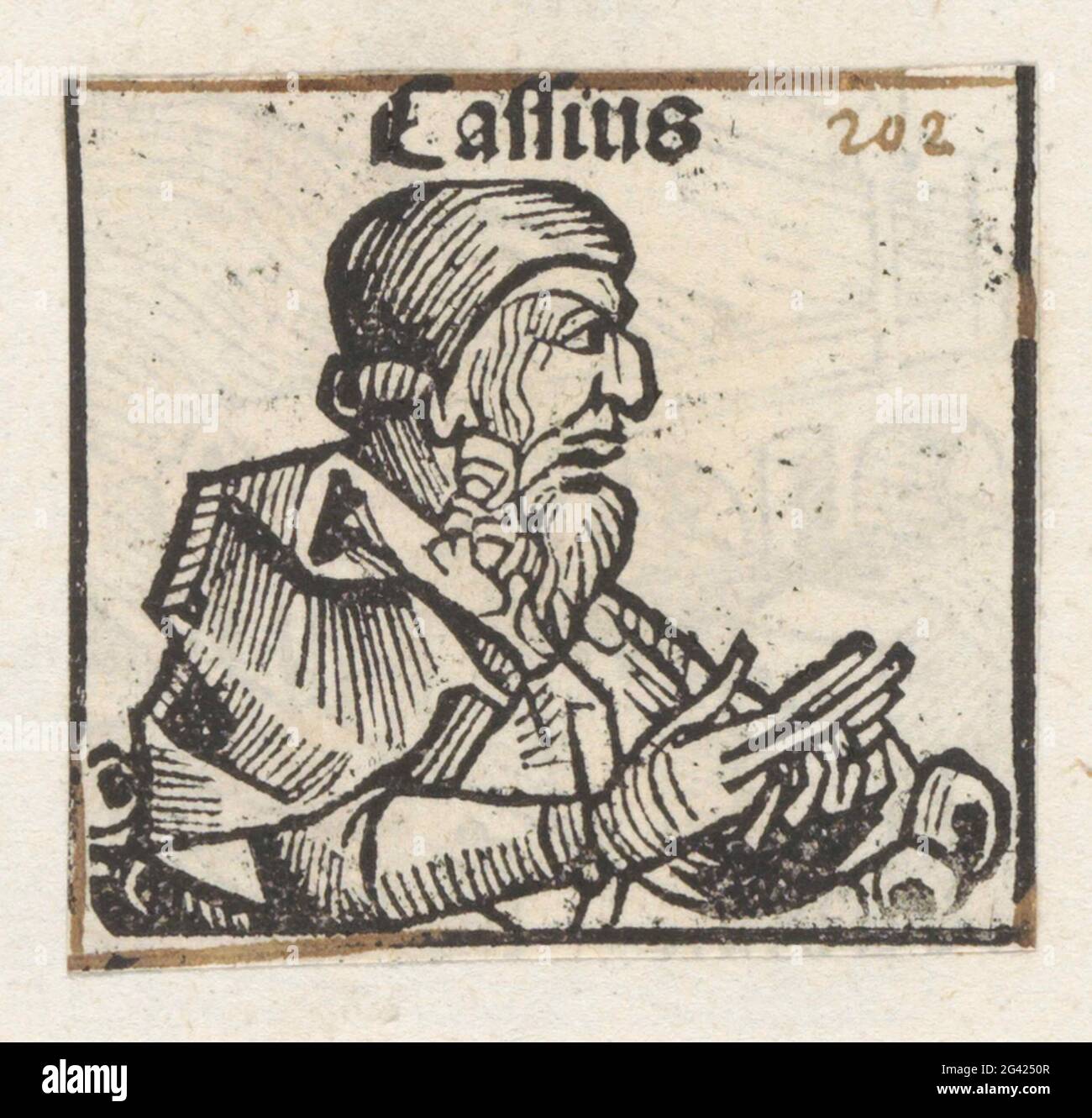 Gaius Cassius Longinus; Cassius; Liber chronicarum. Ein Blütenkelch mit einem Mann, nach rechts gedreht. Der Text identifiziert ihn als Gaius Cassius Longinus. Der Druck ist Teil eines Albums. Stockfoto