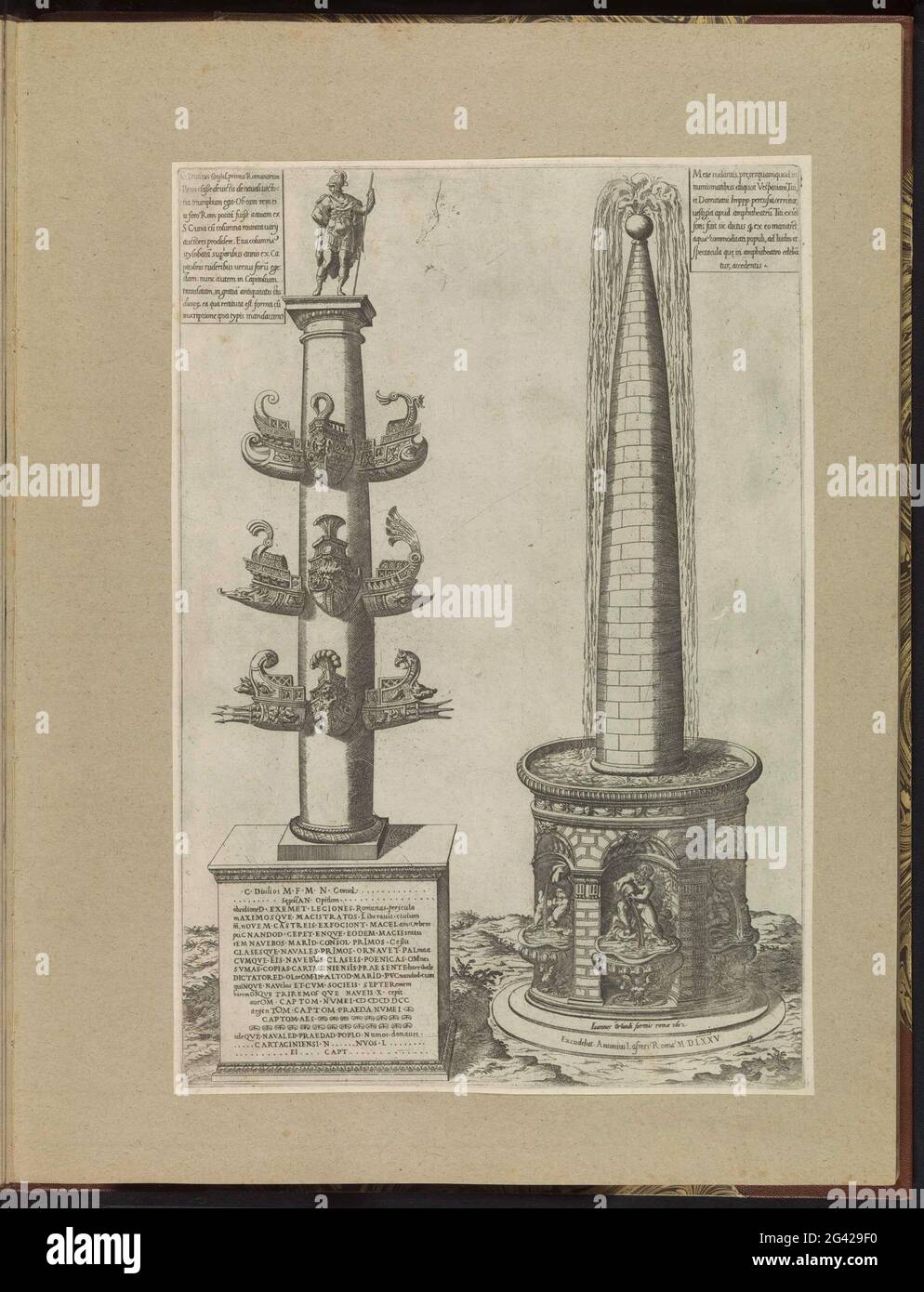 Columna rostrata und Meta Sudans; Speculum Romanae Magnificentiae. Links: Die Columna rostrata, eine Ehrensäule mit Verzierungen in Form von Voorstevens aus überwundenen Schiffen des Carth Day, gegründet auf dem Forum Romanum zu Ehren von Gaius Duilius. Rechts: Die Meta Sudans, ein monumentaler Brunnen, der auf dem Platz südwestlich des Kolosseums stand. Kartuschen links und oben rechts mit Text. Der Druck ist Teil eines Albums. Stockfoto
