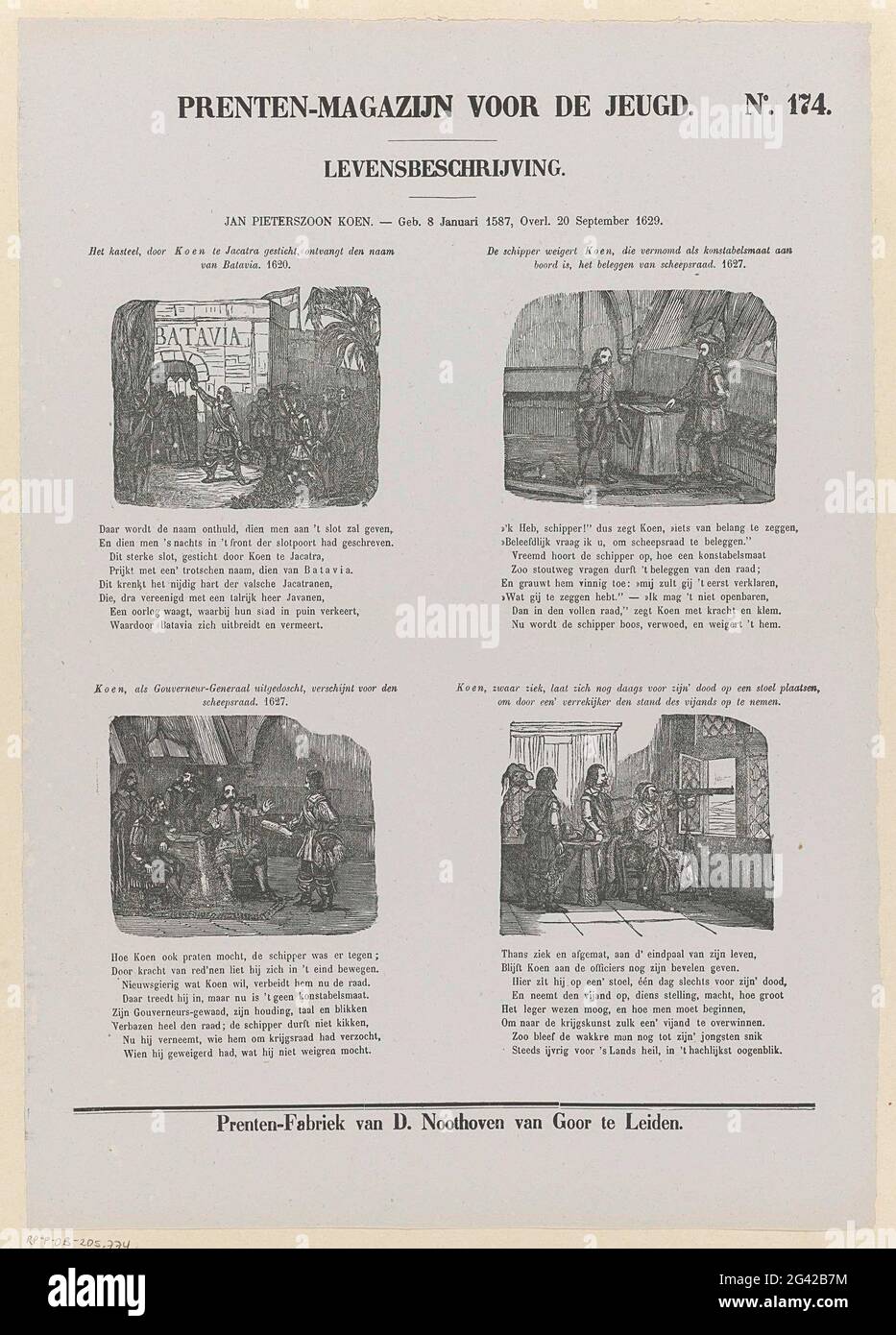 Jan Pieterszoon Koen. - Geb. 8. Januar 1587, gestorben am 20. September 1629; Drucklager für die Jugend; Lebensbeschreibung. Blatt mit 4 Shows aus dem Leben von Jan Pietersz. Coen. Über jeder Vorstellung einen Titel und unter jeder Vorstellung einen achtzeiligen Vers. Rechts oben nummeriert: Nr. 174. Stockfoto