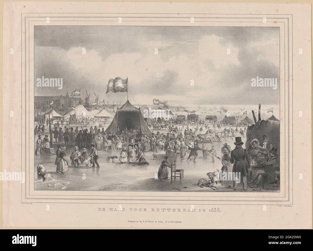 De Maas für Rotterdam im Jahr 1838. ISSprent auf der gefrorenen Maas in Rotterdam, Januar 1838. Auf dem Druck ist eine separate Botschaft der Institution. Stockfoto