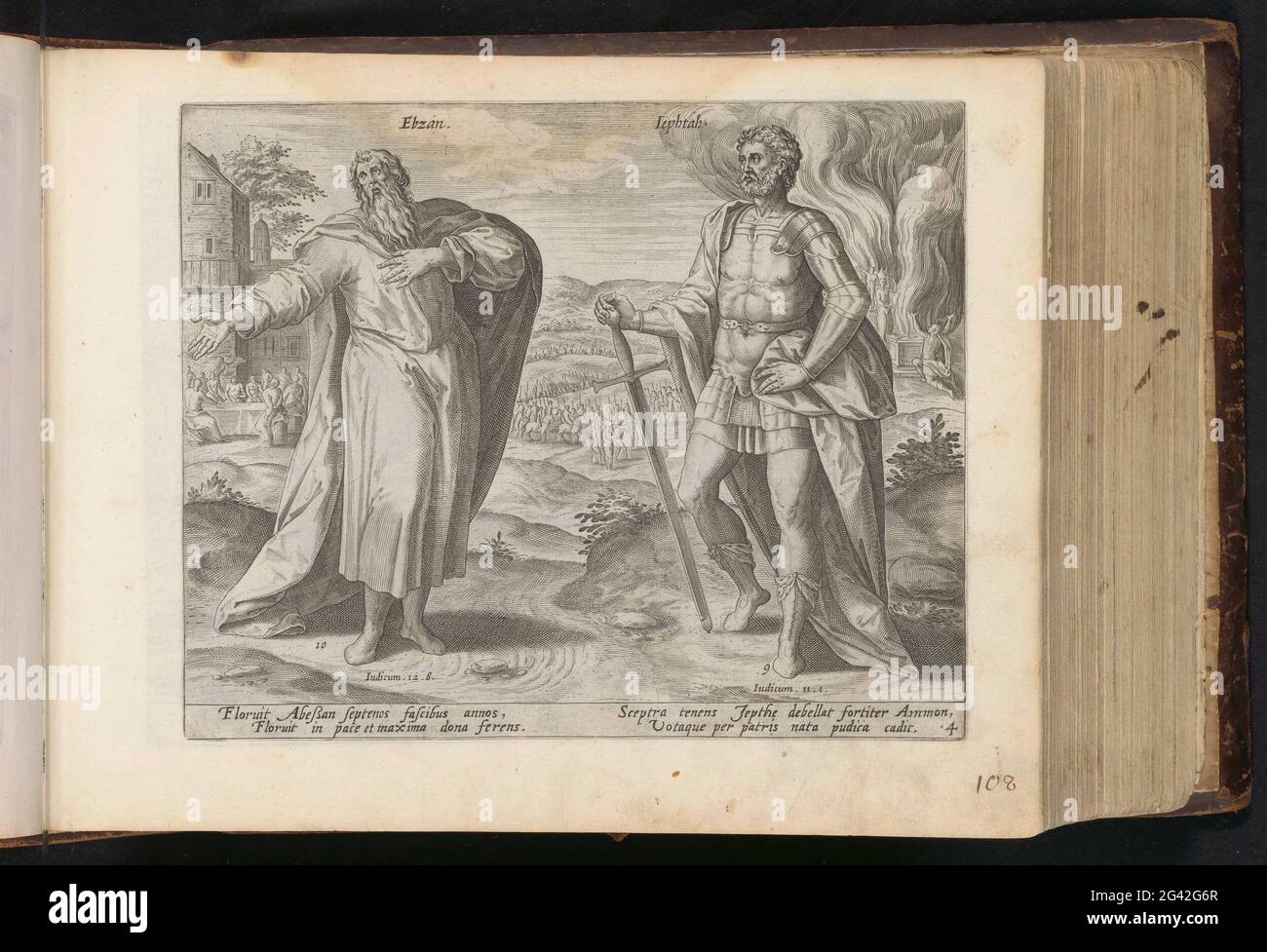 IBSAN und JEFTA; der Stufe israelels, die nach iosua regierten; die zwölf Richter Israels; Den Grooten Figuer Bibel (...). Die Richter von Jobsan und Jefta. IBSAN zeigt auf die Szene im Hintergrund. Für sein Haus gibt es einen seiner Söhne oder Töchter zu dem Hochzeitsfreund. Die Ehe mit IBSAN ist dreißig Söhne und dreißig Töchter. JEFTA ist in Geschirr gekleidet und lehnt sich an sein Schwert. Im Hintergrund sieht man, wie seine Tochter an der Spitze einer Prozession steht. JEFTA hatte Gott versprochen, das erste zu opfern, was er opfern würde. Rechts bietet Jefta seine Tochter an. Unter der Show expla Stockfoto