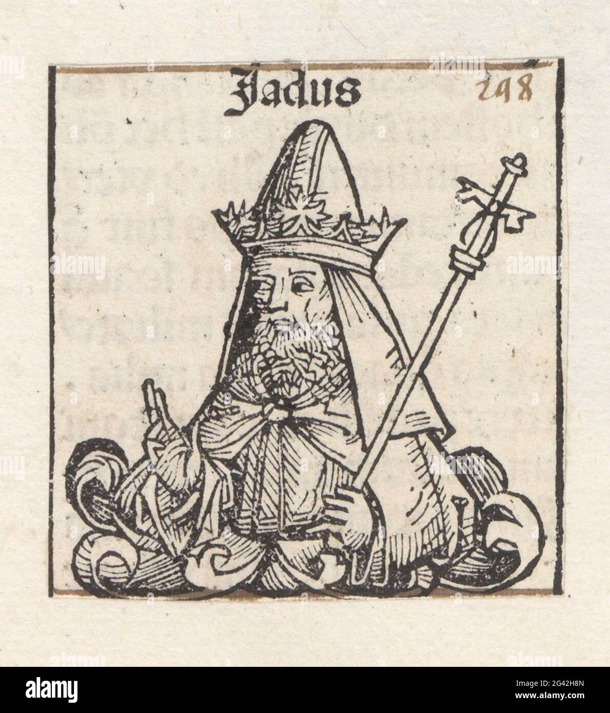 Jaddua; also ja; Liber chronicarum. Ein Blütenkelch mit einem Mann in Priesterkleidung und mit Krone und Zepter, nach links gedreht. Der Text identifiziert ihn als den Hohenpriester jaddua. Die Show ist Teil der Sequenz Priester im Liber chronicarum. Der Druck ist Teil eines Albums. Stockfoto