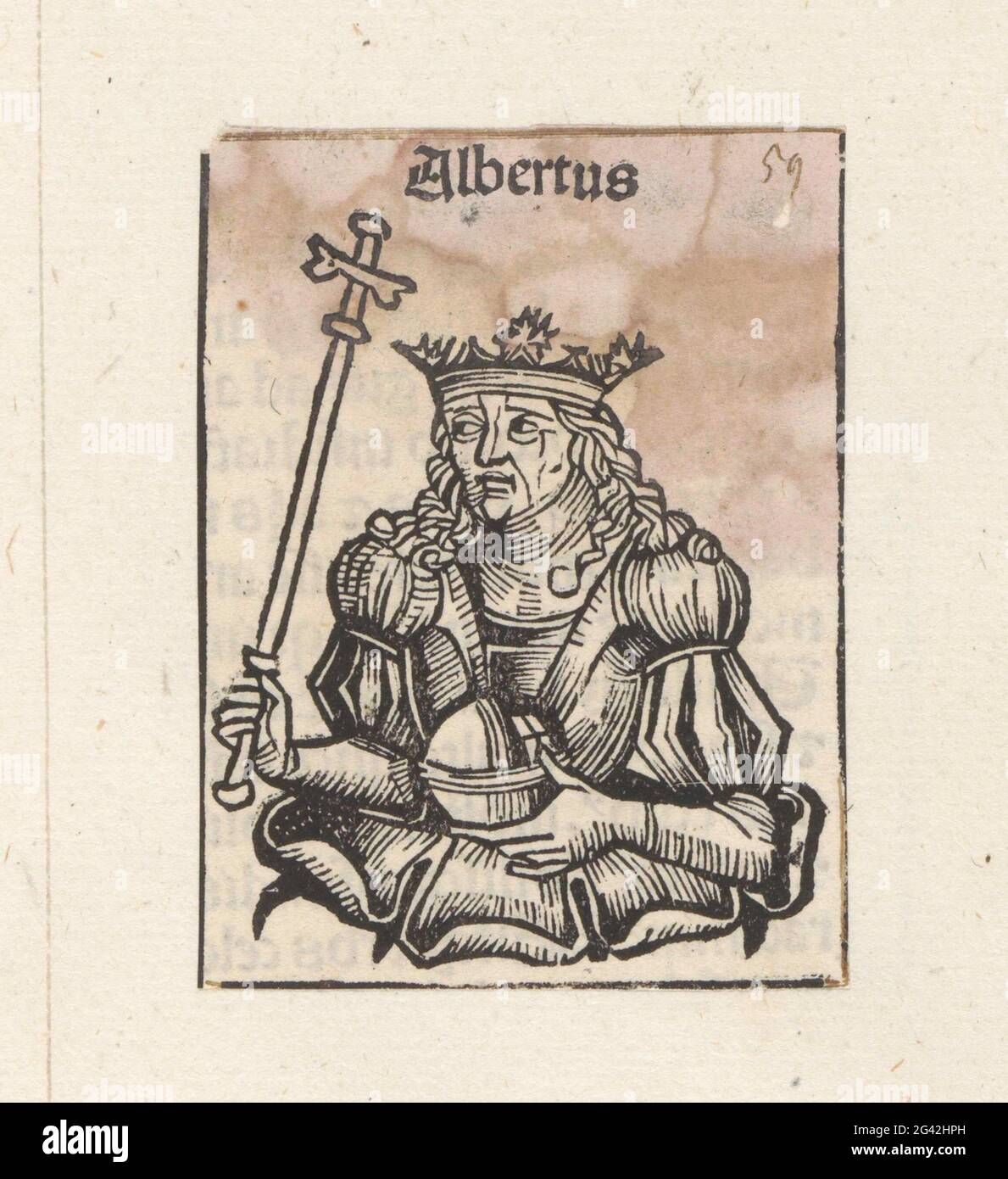 König Albrecht II. Von Habsburg; Wilhelmus; Liber chronicarum. Ein Blütenkelch mit einem König, nach links gedreht. In seinen Händen hat er eine Migration und ein Zepter. Die Show ist Teil der Sequenz Kaiser im Liber chronicarum. Der Text identifiziert den Mann als Roman Koning Albrecht II. Der Druck ist Teil eines Albums. Stockfoto