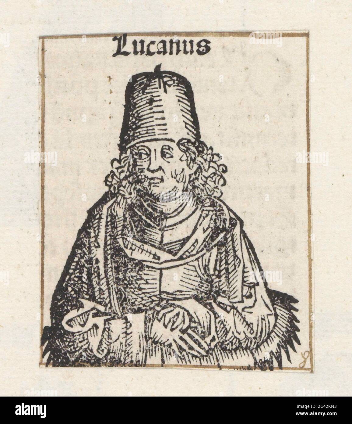 Marcus Annaeus Lucanus; Lucanus; Liber chronicarum. Ein Blütenkelch mit einem Mann. Er trägt einen Hut. Der Text identifiziert ihn als Marcus Annaeus Lucanus, römischen Dichter. Der Druck ist Teil eines Albums. Stockfoto