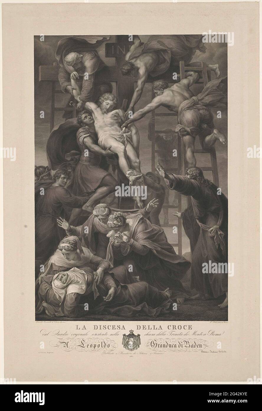 Die Kreuzung; La Discesa della Croce. Der Leib Christi wird von einer Gruppe von Menschen auf Leitern vom Kreuz genommen. Die Maria trauert am Fuße des Kreuzes. Titel, Auftrag und Waffe im Untermarsch. Stockfoto