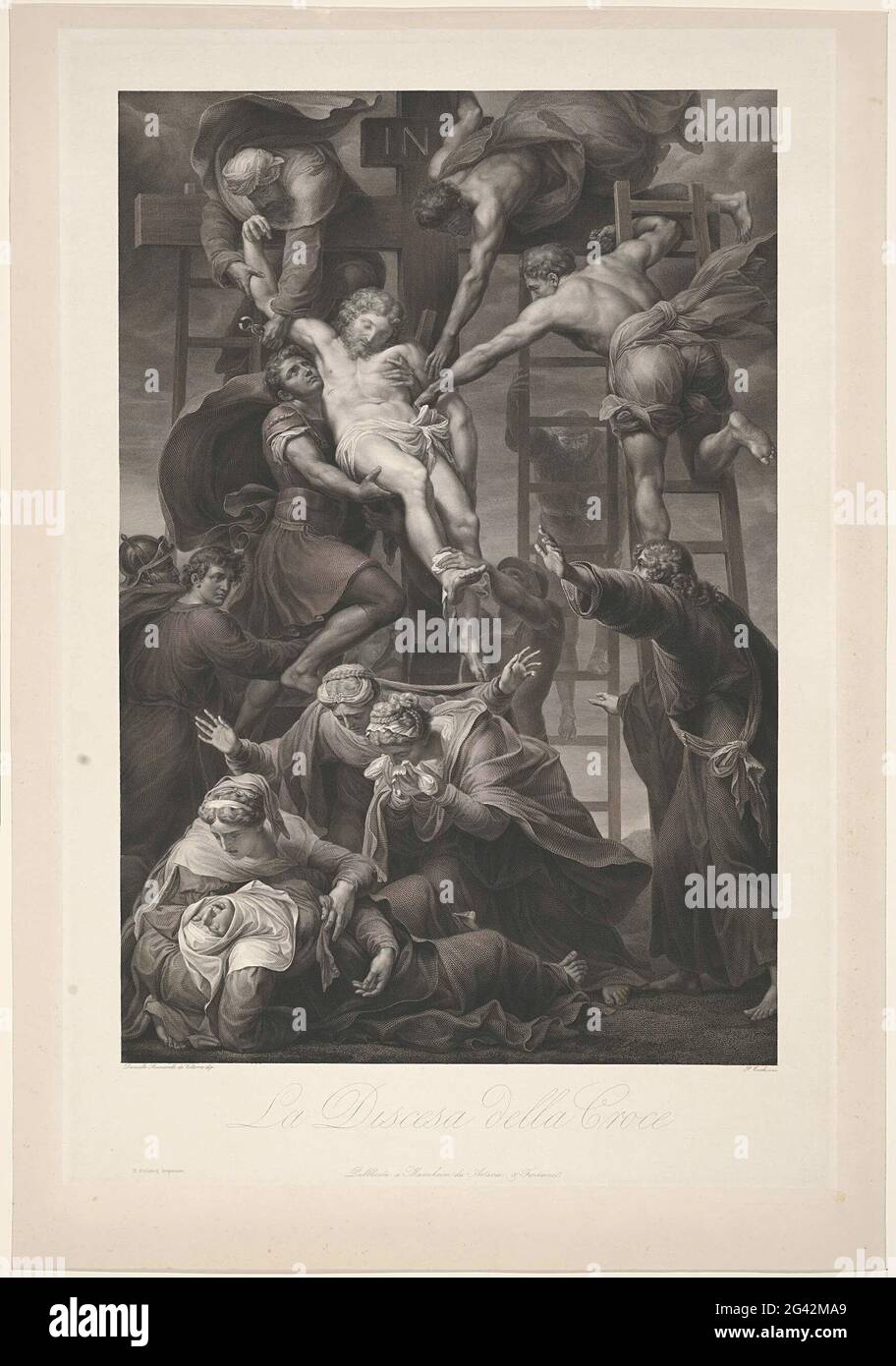 Die Kreuzung; La Discesa della Croce. Der Leib Christi wird von einer Gruppe von Menschen auf Leitern vom Kreuz genommen. Die Maria trauert am Fuße des Kreuzes. Titel in italienischer Sprache in Undermarge. Stockfoto