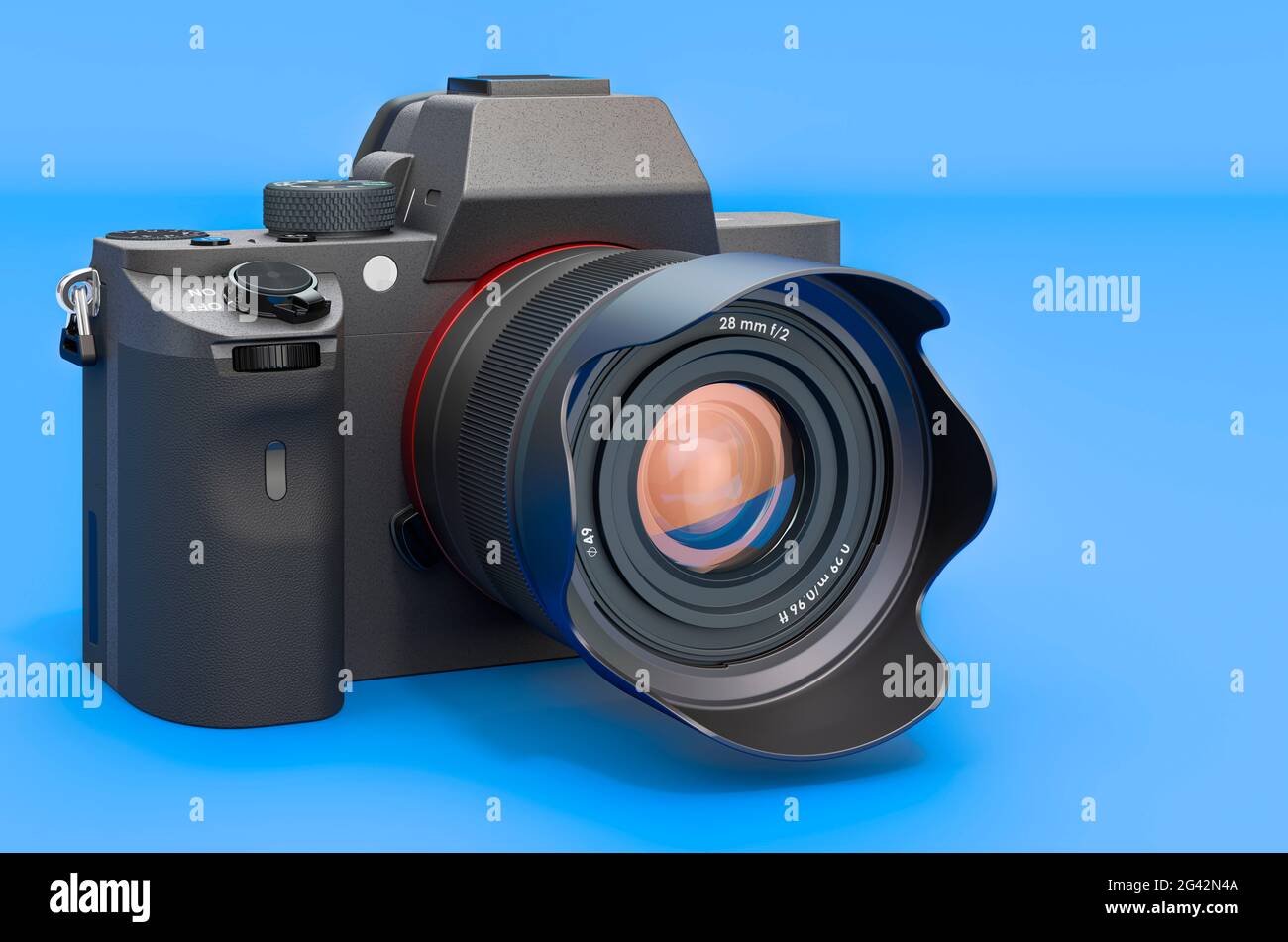 Digitale Spiegelreflexkamera mit einem Objektiv auf blauem Hintergrund, 3D-Rendering Stockfoto