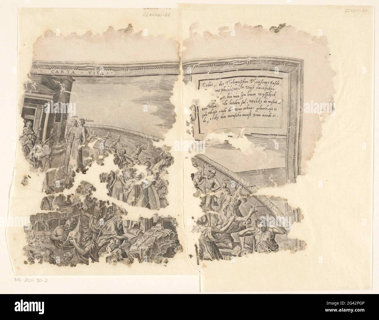 Obere rechte Ecke eines Abdrucks der Szene von Cebes; Tabula Cebetis Carta Vitae. Allegorie über die Rettung des Menschen. Das Leben als Stadt mit drei ummauerten Stätten, mit einem Tempel in der Mitte. Am äußeren Tor warten die Seelen der Kinder, bereit, in das Erwachsenenleben einzutreten. Bevor sie eintreten, bekommen sie etwas zu trinken Verführung (Seductio), was sie unwissend macht. Das erste ummauerte Gelände zeigt alle Arten und Ablenkungen, wie Vorurteile (Opinio), Begehren (Cupiduas), Zweifel (Irrtum) und Unwissenheit (Ignorantia). Sie verhindern, dass der Jugendliche Mann in den nächsten Kreis eindringt. Nur durch Befolgen des p Stockfoto