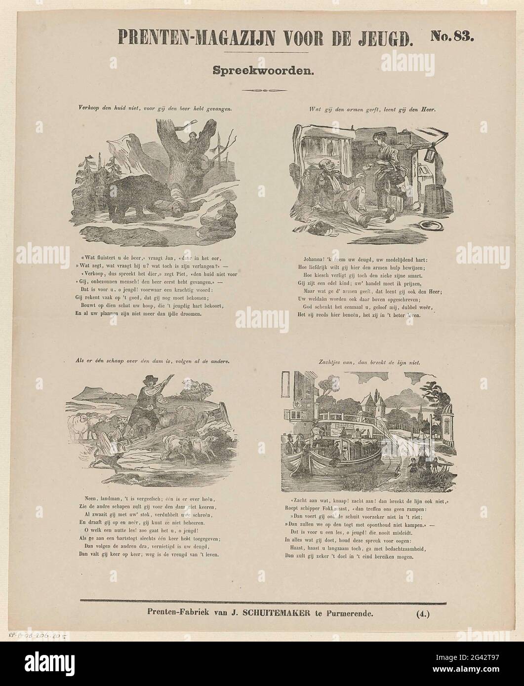 Sprichwörter; Drucklager für die Jugend. Blatt mit 4 Darstellungen von Sprichwörtern. Über jeder Vorstellung einen Titel und unter jeder Vorstellung einen achtzeiligen Vers. Rechts oben nummeriert: Nr. 83, rechts unten nummeriert: (4.). Stockfoto